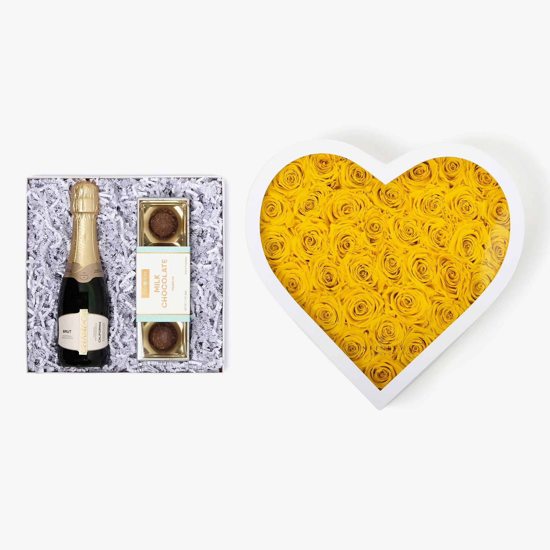 Champagne & Truffles - Grand Heart Box - Yellow Rose - White Box