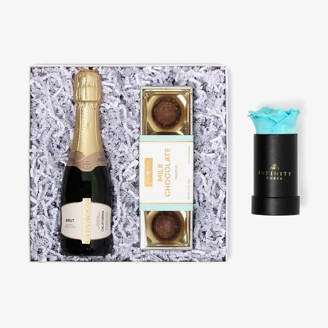 Champagne & Truffles - Single Rose Box - Turquoise Rose - Black Box