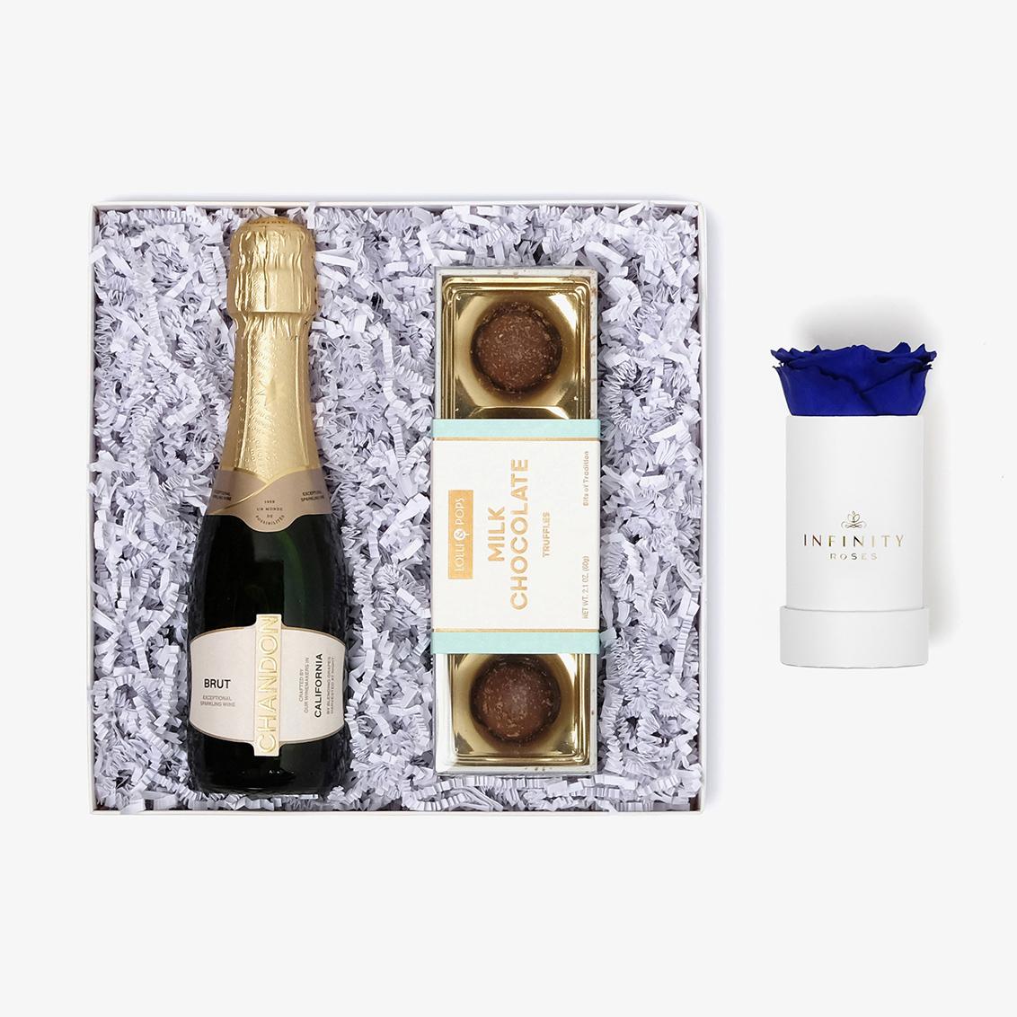 Champagne & Truffles - Single Rose Box - Royal Blue Rose - White Box
