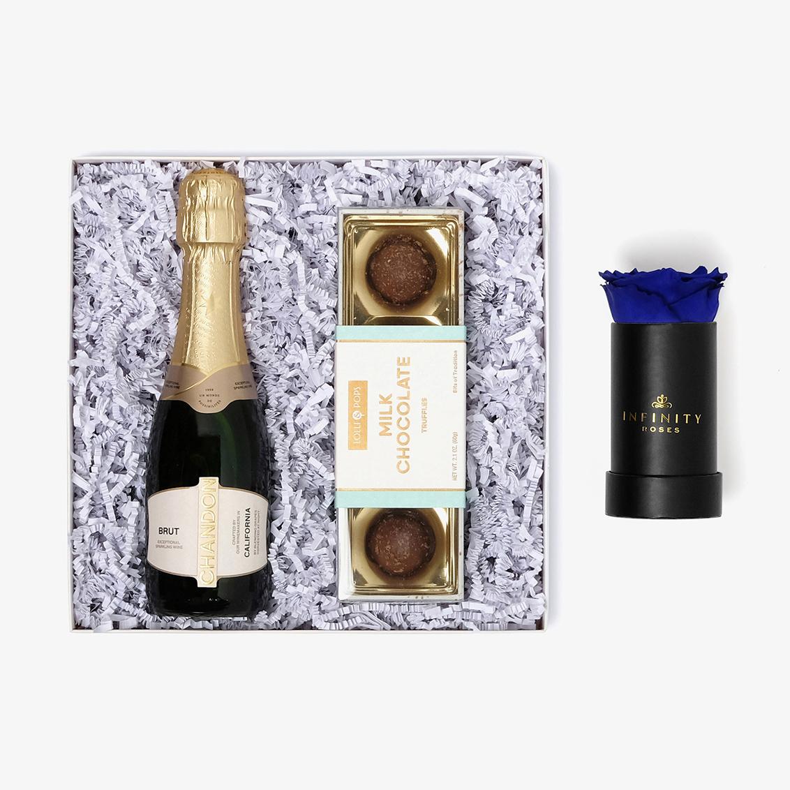 Champagne & Truffles - Single Rose Box - Royal Blue Rose - Black Box