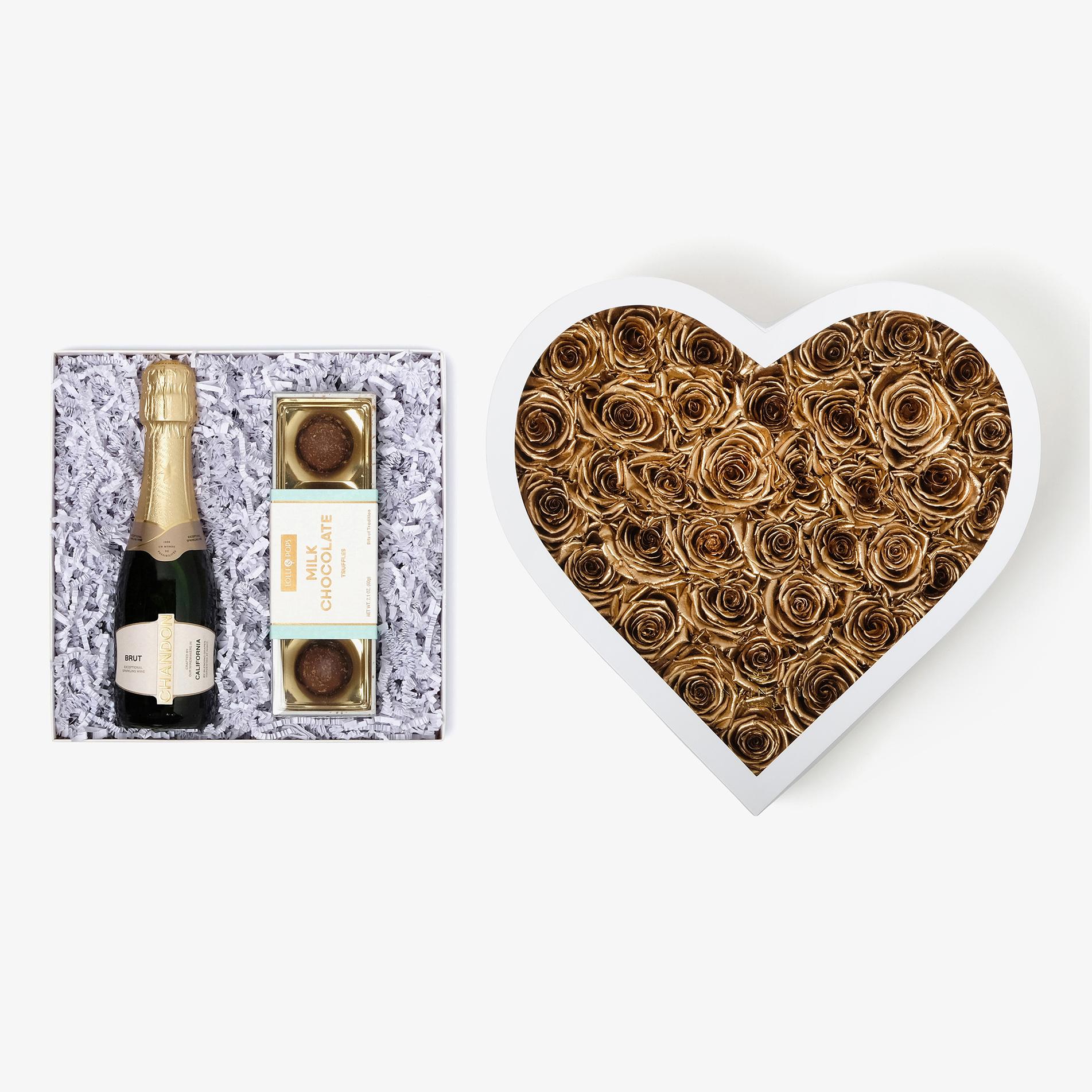 Champagne & Truffles - Grand Heart Box - Gold Rose - White Box