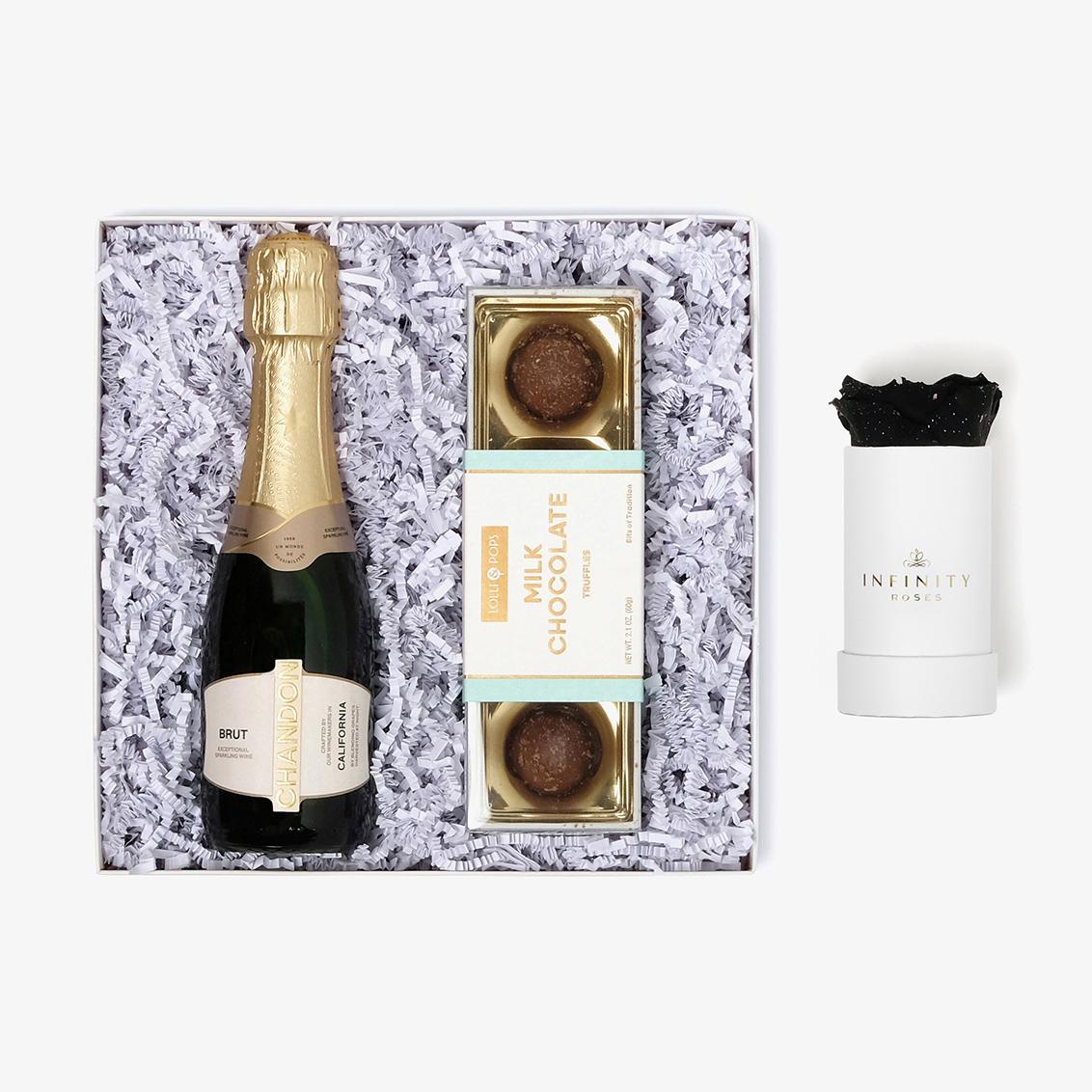 Champagne & Truffles - Single Rose Box - Black Galaxy Rose - White Box