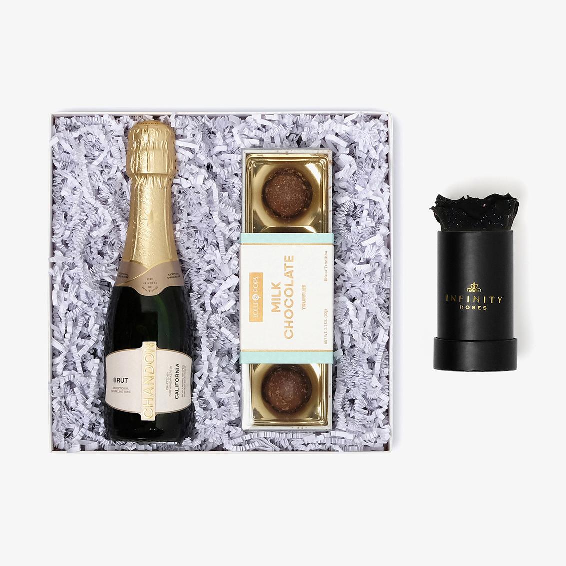 Champagne & Truffles - Single Rose Box - Black Galaxy Rose - Black Box