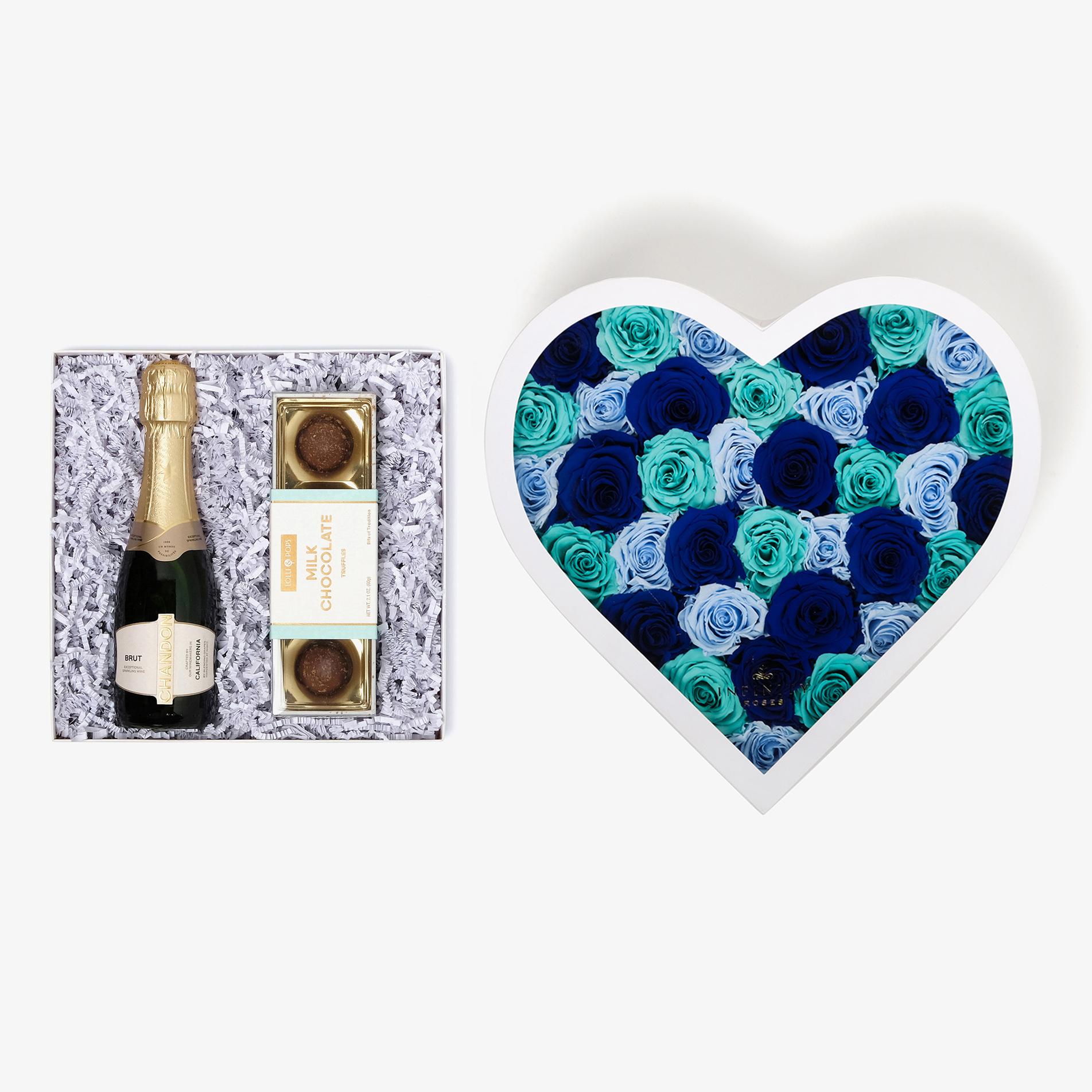 Champagne & Truffles - Grand Heart Box - Blue Ombre Rose - White Box