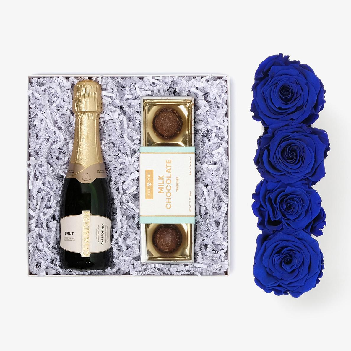 Champagne Bundle (Small Rose Box) - Royal Blue Rose - Black Box