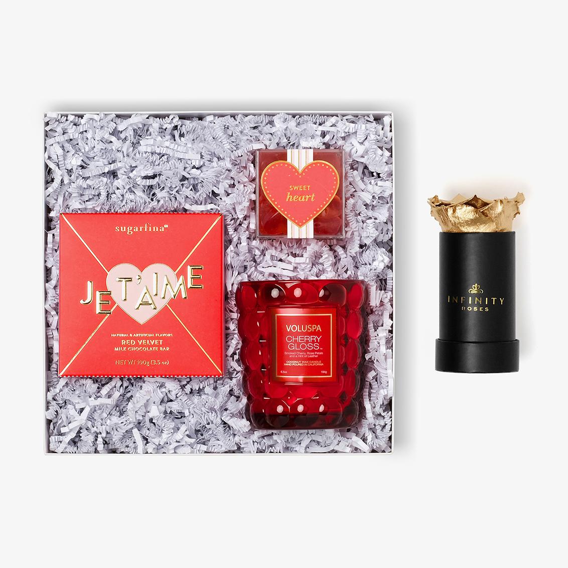 Candle & Treats - Single Rose Box - Gold Rose - Black Box