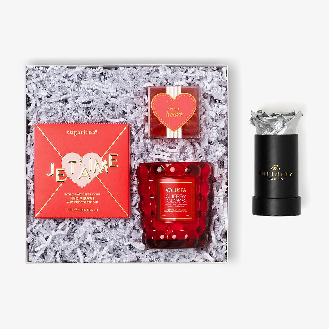 Candle & Treats - Single Rose Box - Silver Rose - Black Box