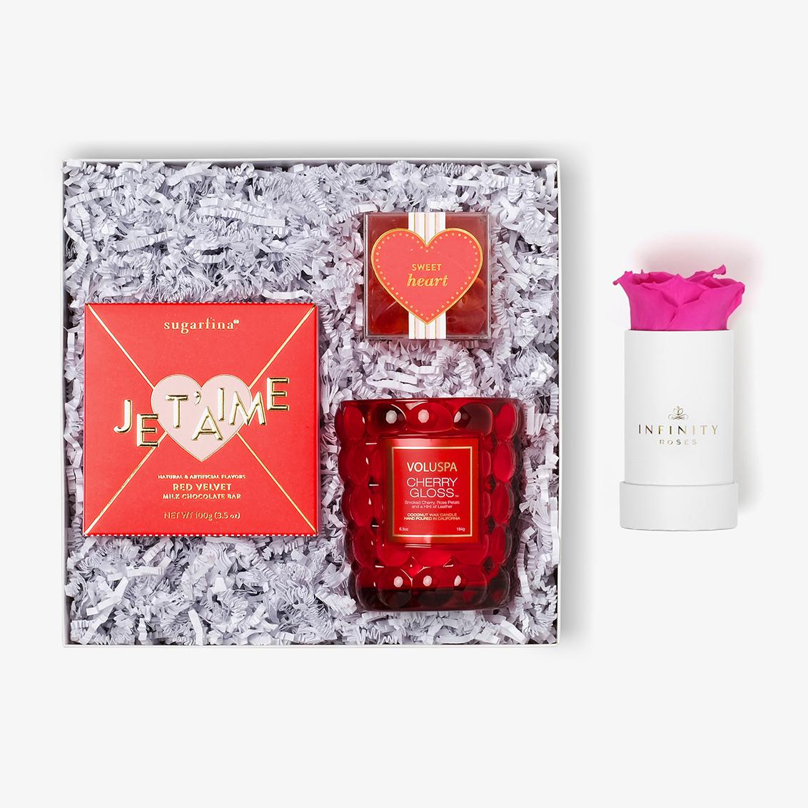 Candle & Treats - Single Rose Box - Hot Pink Rose - White Box