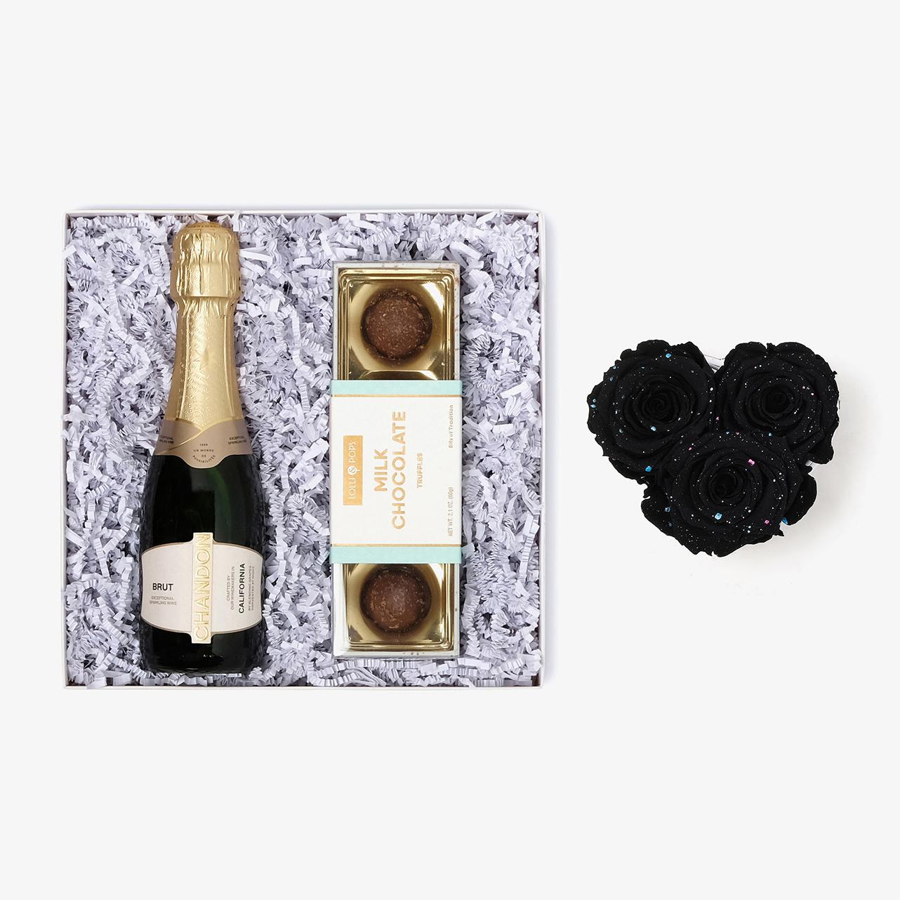 Champagne & Truffles - Small Heart Box - Black Galaxy Rose - White Box