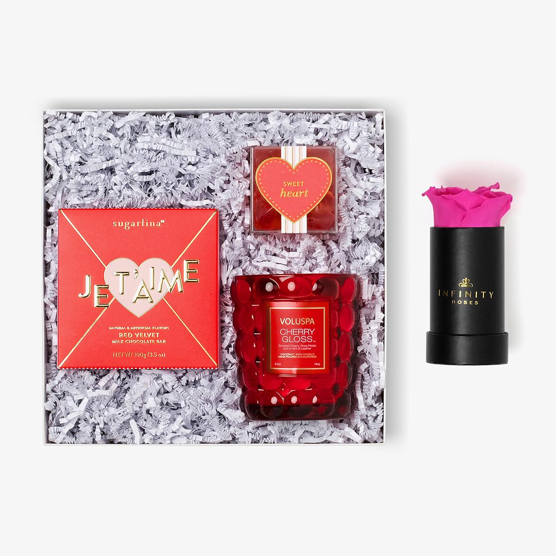 Candle & Treats - Single Rose Box - Hot Pink Rose - Black Box