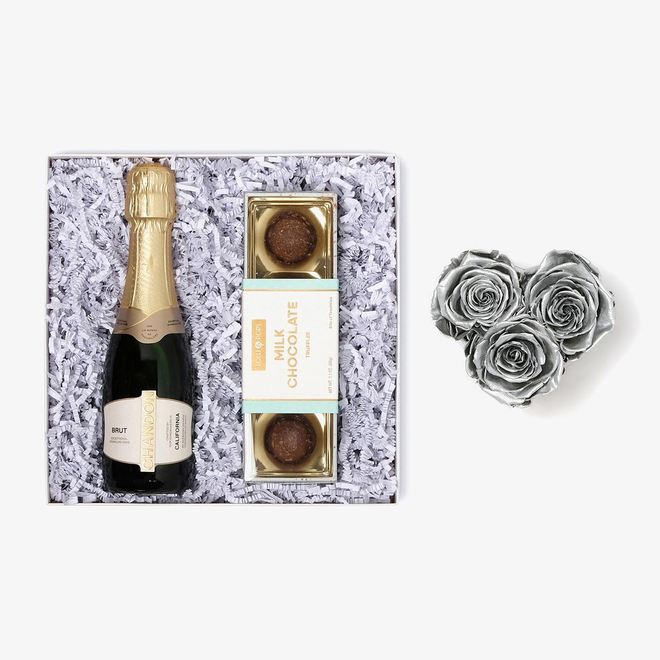 Champagne & Truffles - Small Heart Box - Silver Rose - White Box