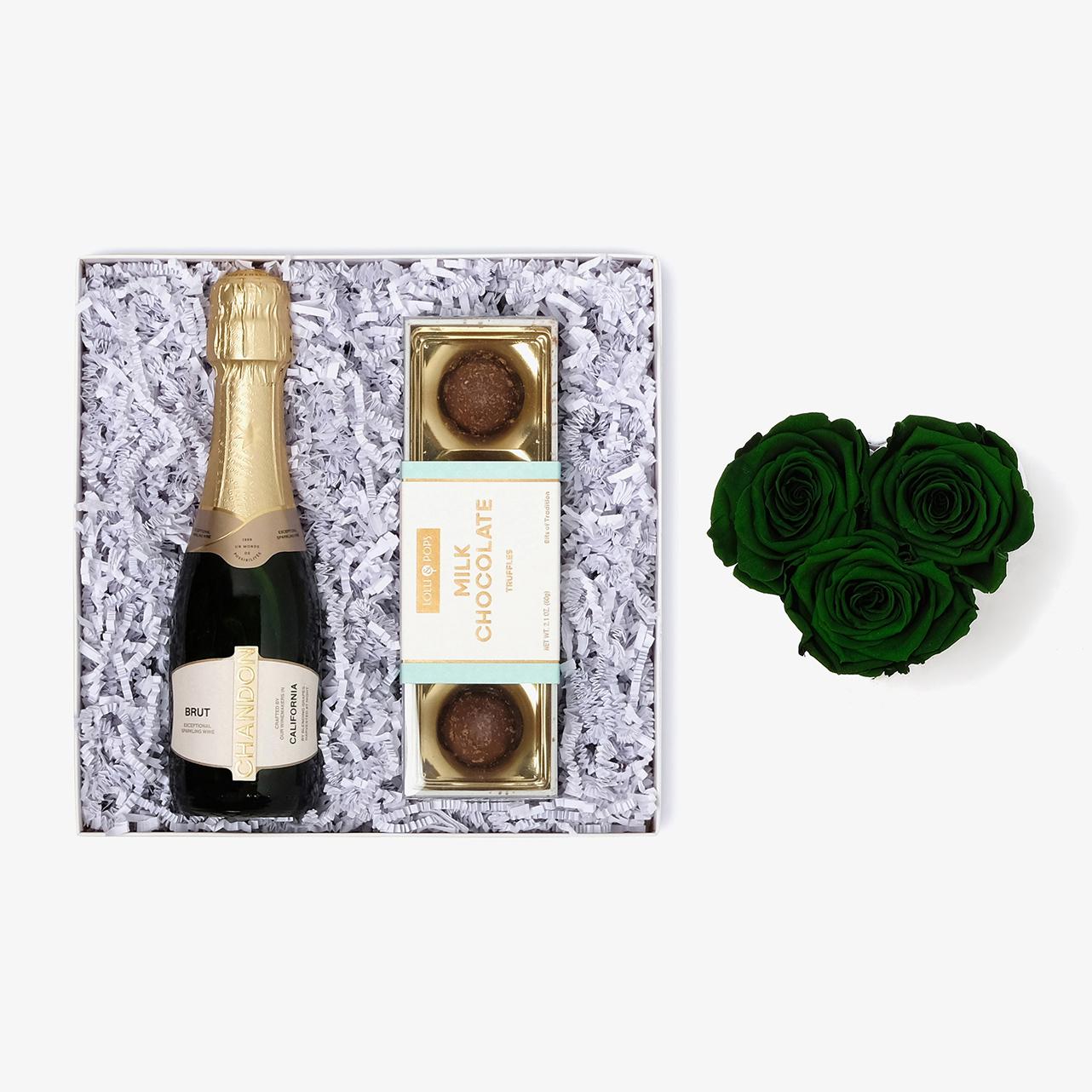 Champagne & Truffles - Small Heart Box - Emerald Green Rose - White Box