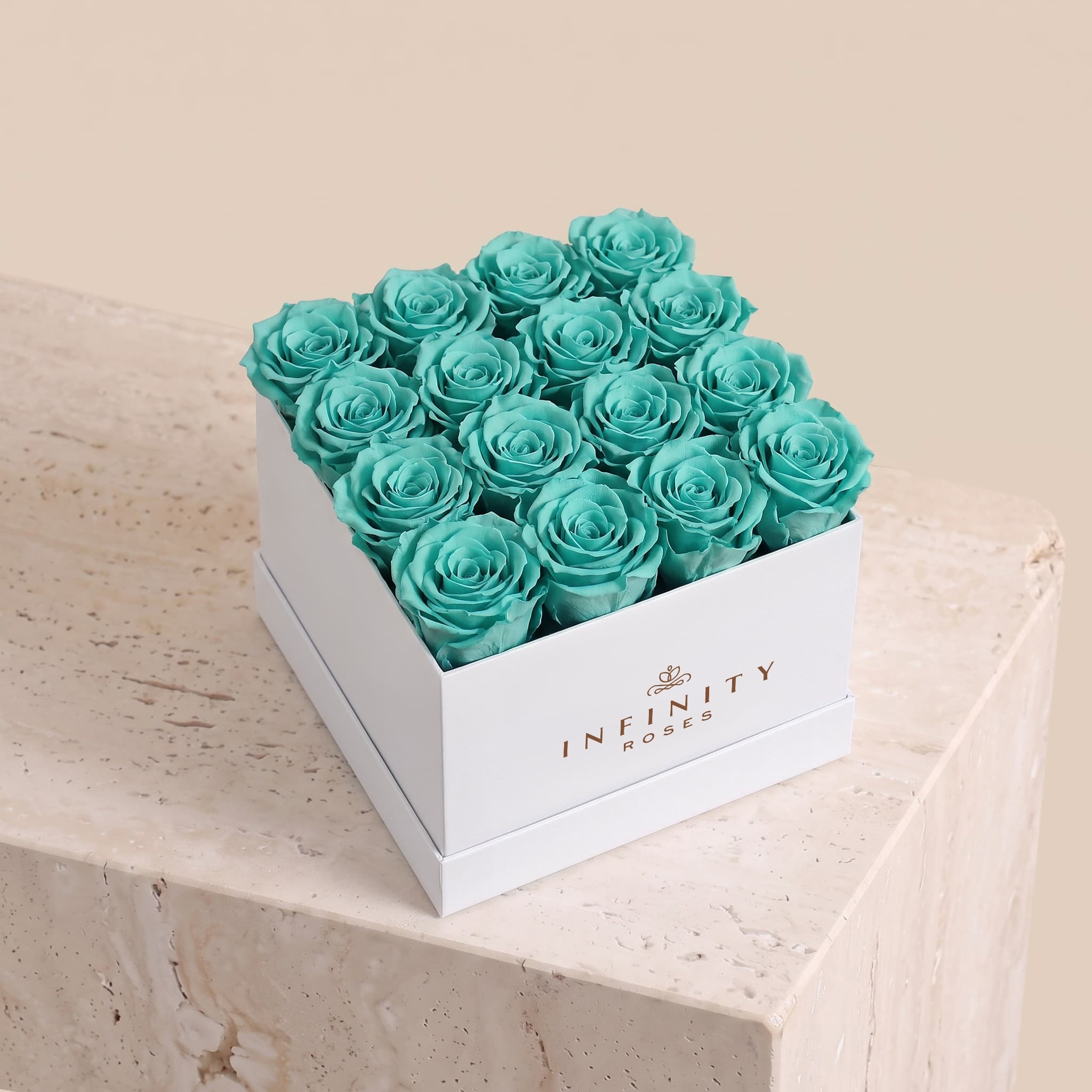 Large Square Rose Box - Turquoise Rose - White Box