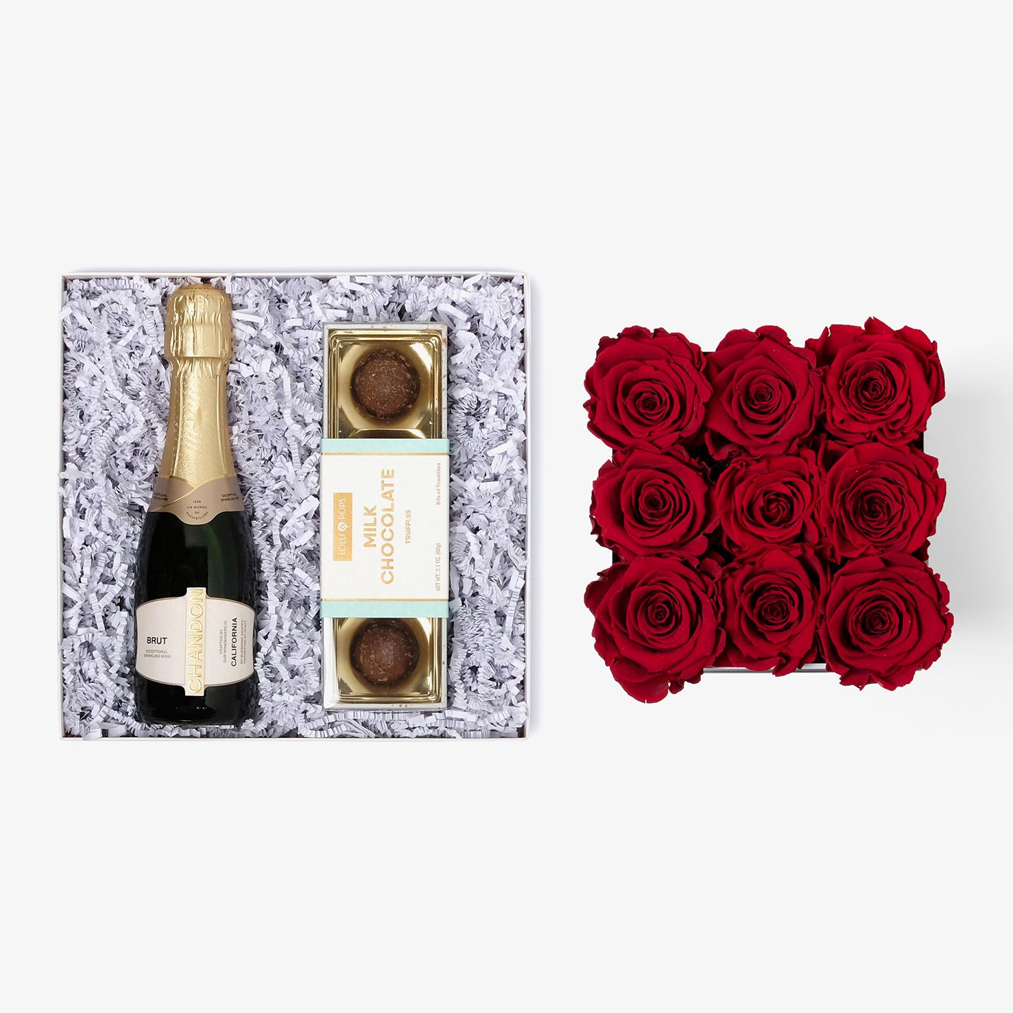 Champagne & Truffles - Medium Square Box - Red Rose - White Box
