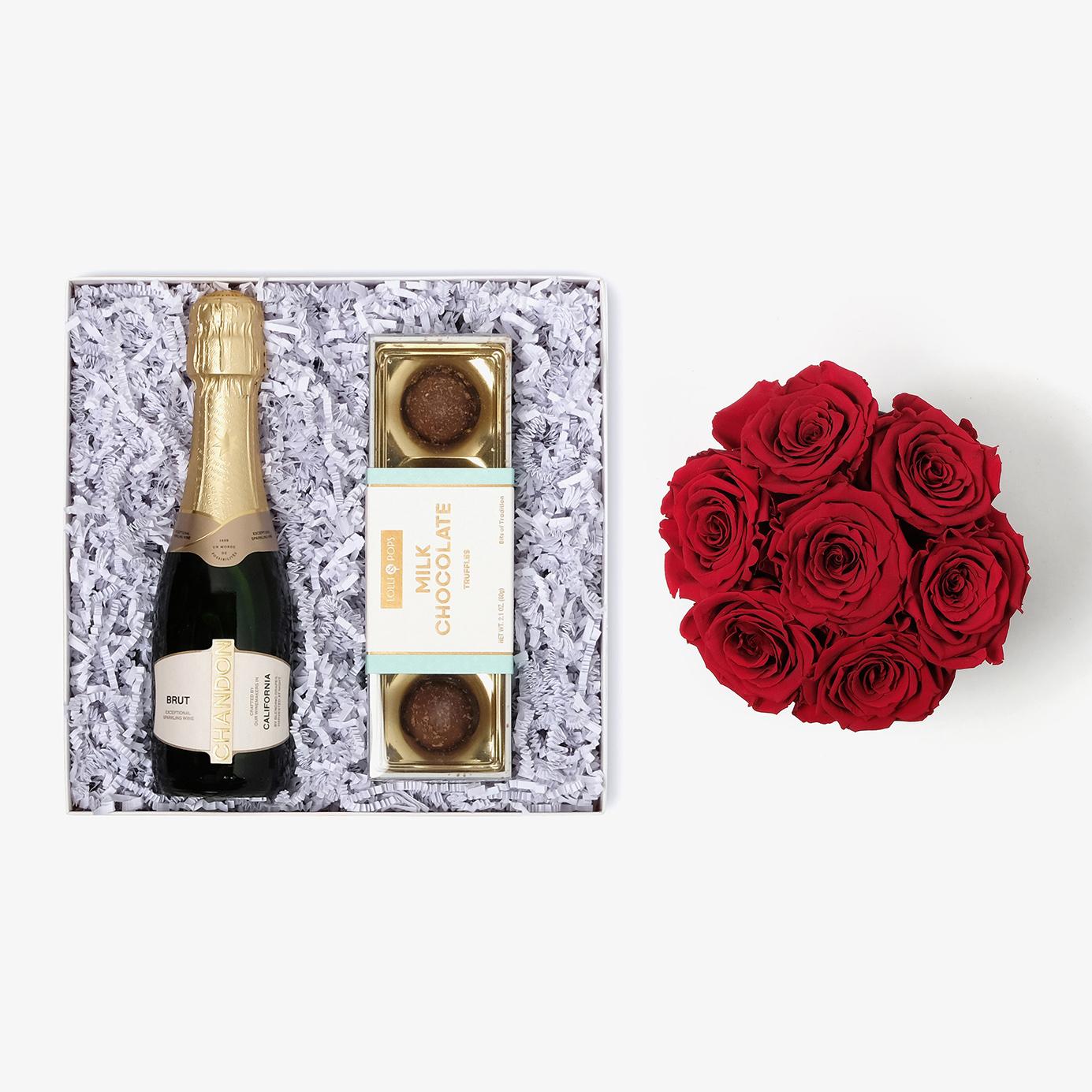 Champagne & Truffles - Medium Bloom Box - Red Rose - White Box