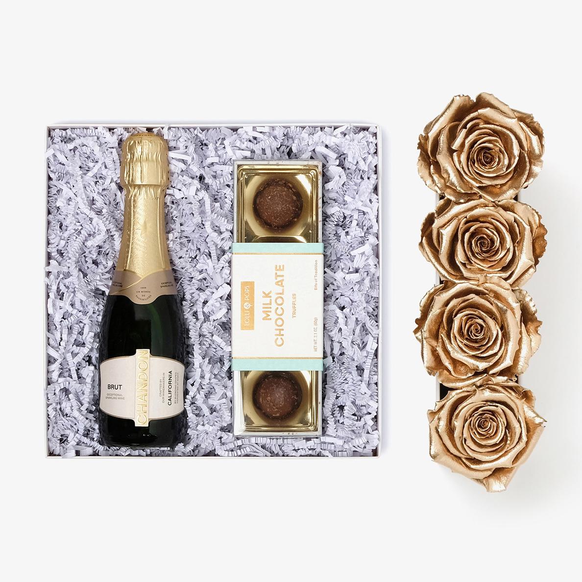 Champagne & Truffles - Small Rose Box - Gold Rose - White Box