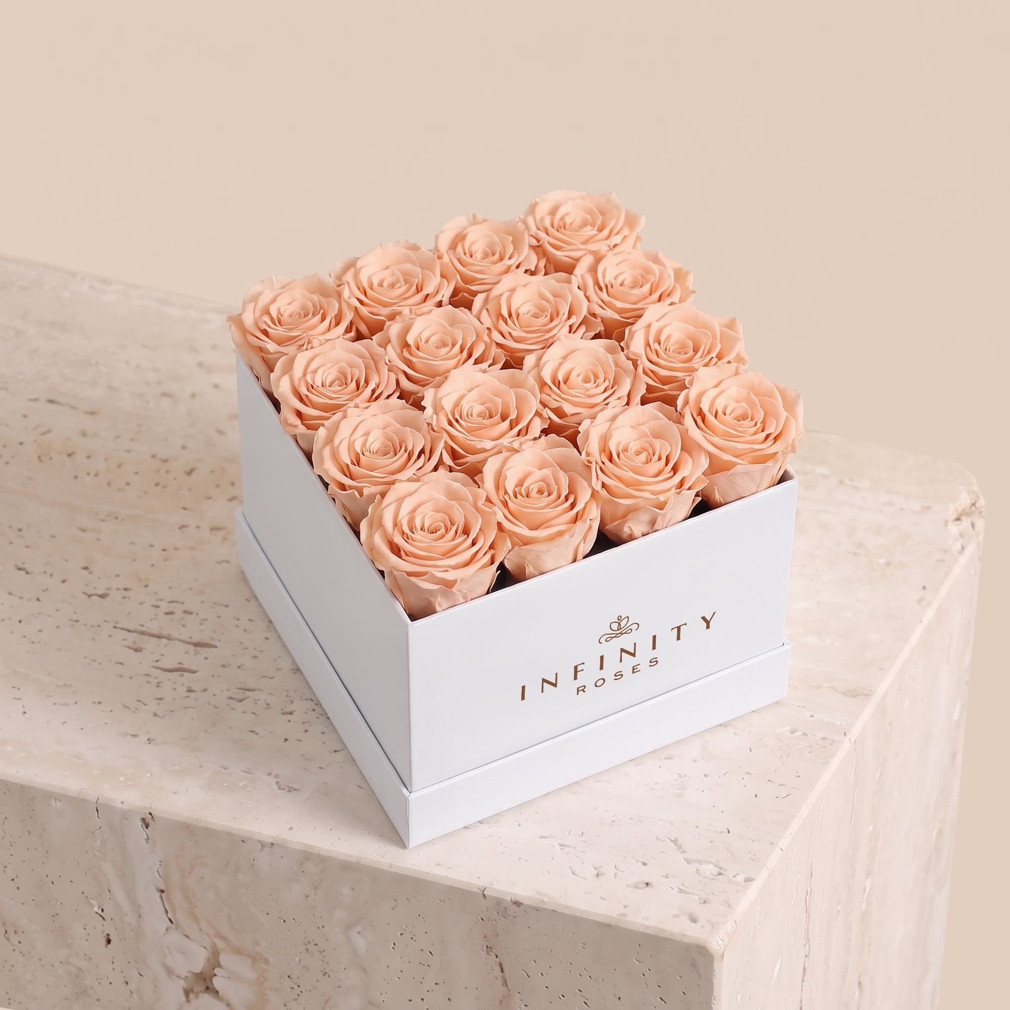 Large Square Rose Box - Peach Rose - White Box