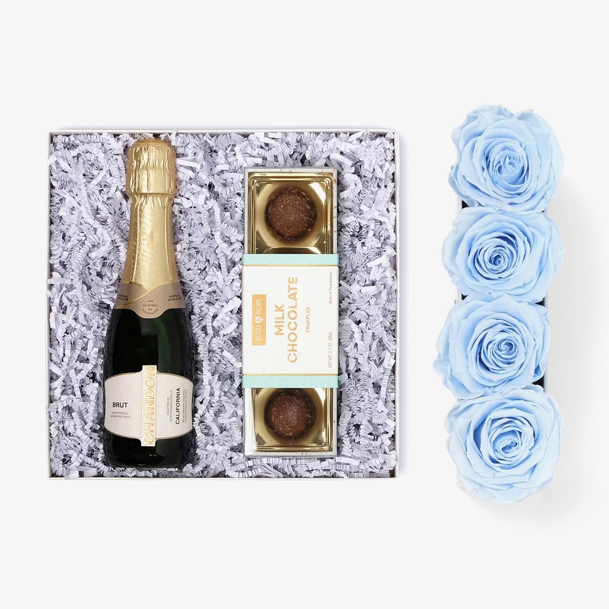Champagne Bundle (Small Rose Box) - Baby Blue Rose - Black Box