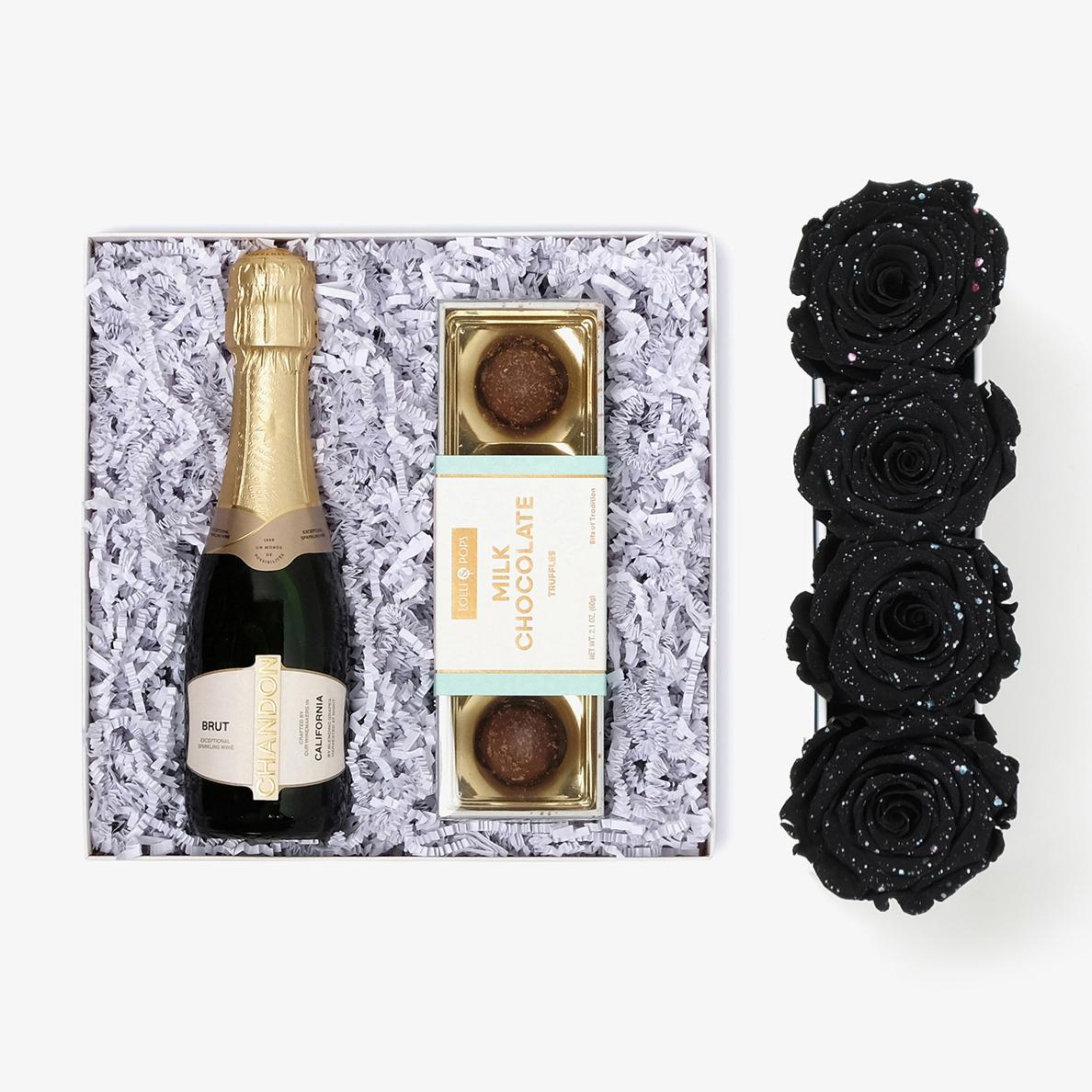 Champagne Bundle (Small Rose Box) - Black Galaxy Rose - Black Box