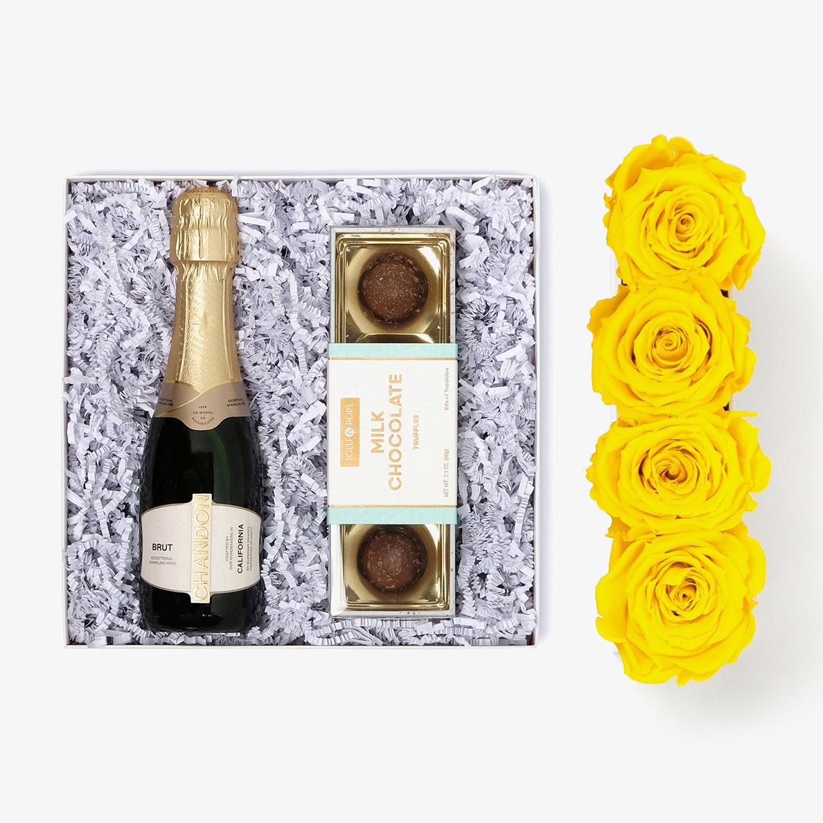 Champagne & Truffles - Small Rose Box - Yellow Rose - White Box