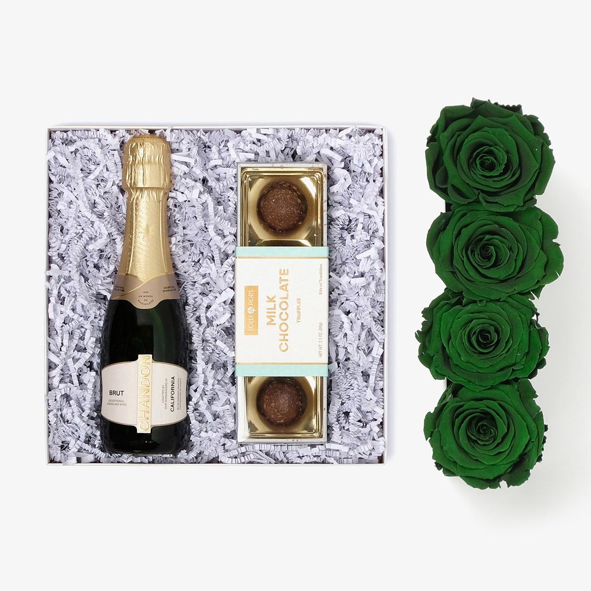 Champagne & Truffles - Small Rose Box - Emerald Green Rose - White Box
