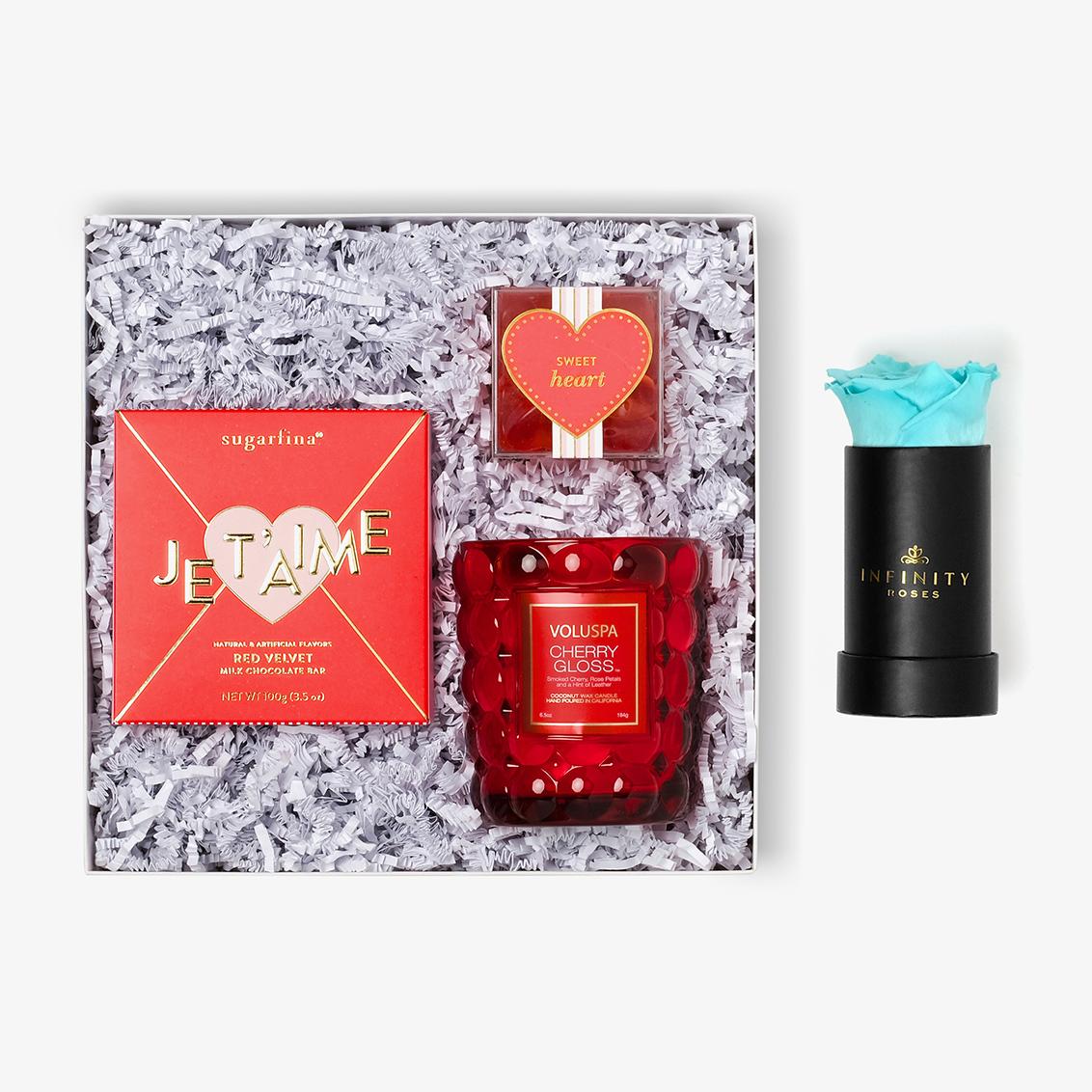 Candle & Treats - Single Rose Box - Turquoise Rose - Black Box