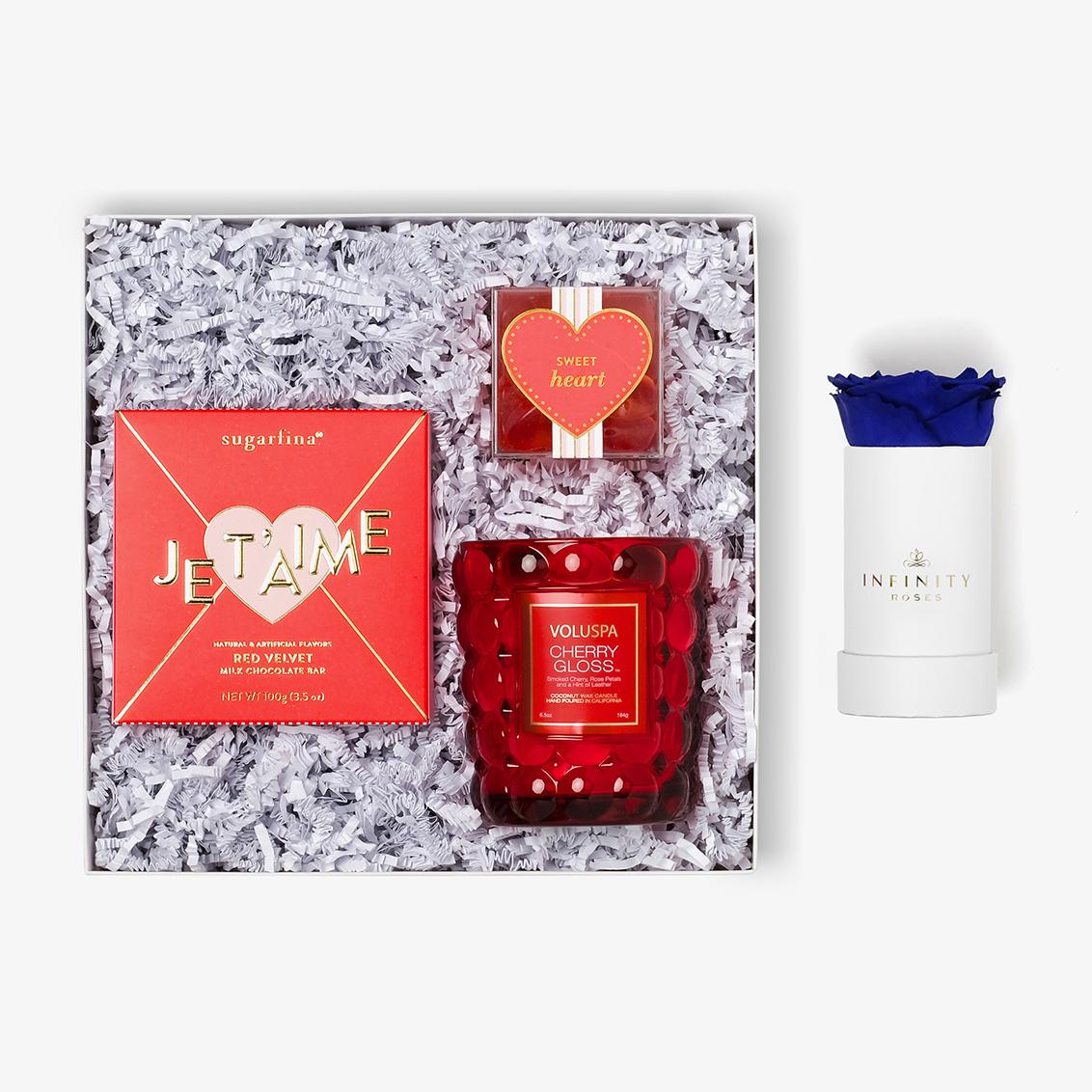 Candle & Treats - Single Rose Box - Royal Blue Rose - White Box