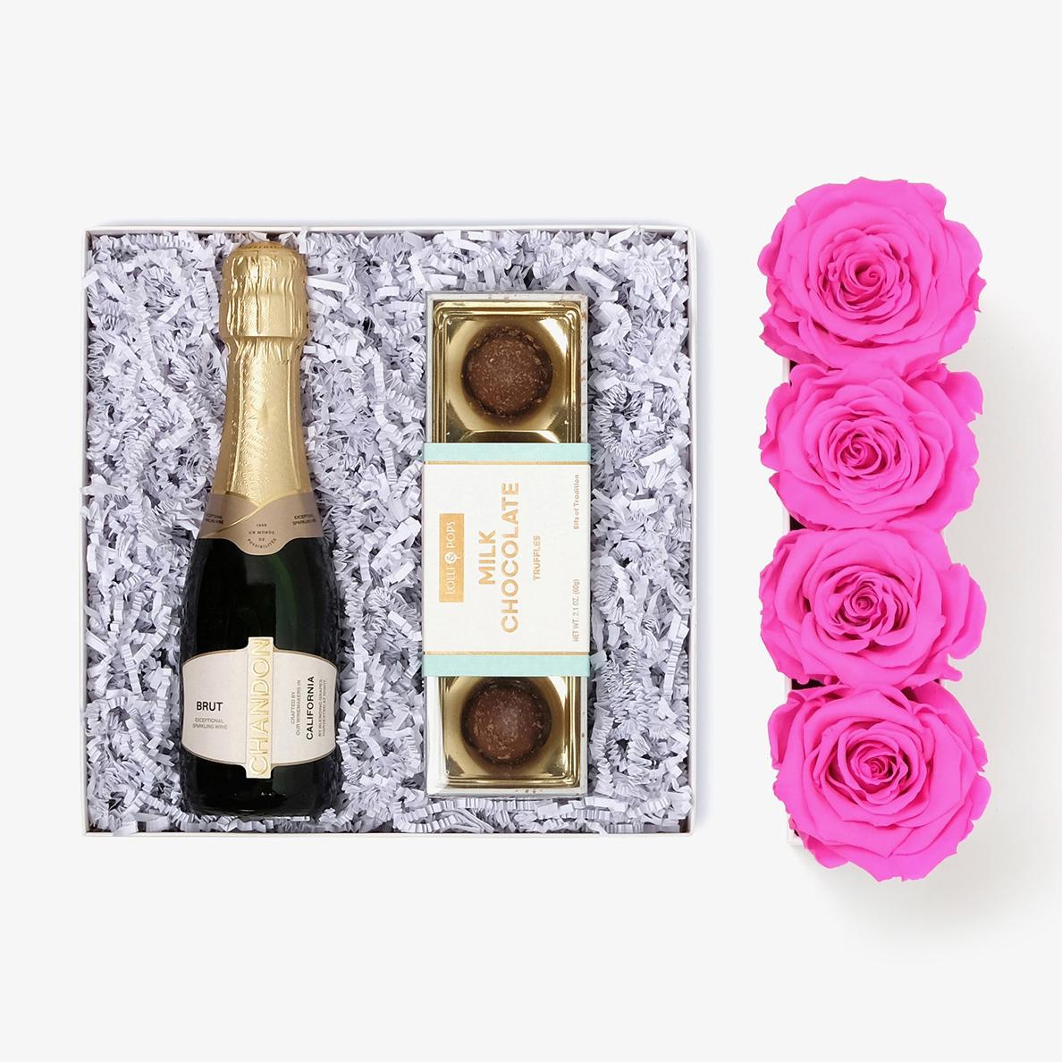 Champagne & Truffles - Small Rose Box - Hot Pink Rose - Black Box