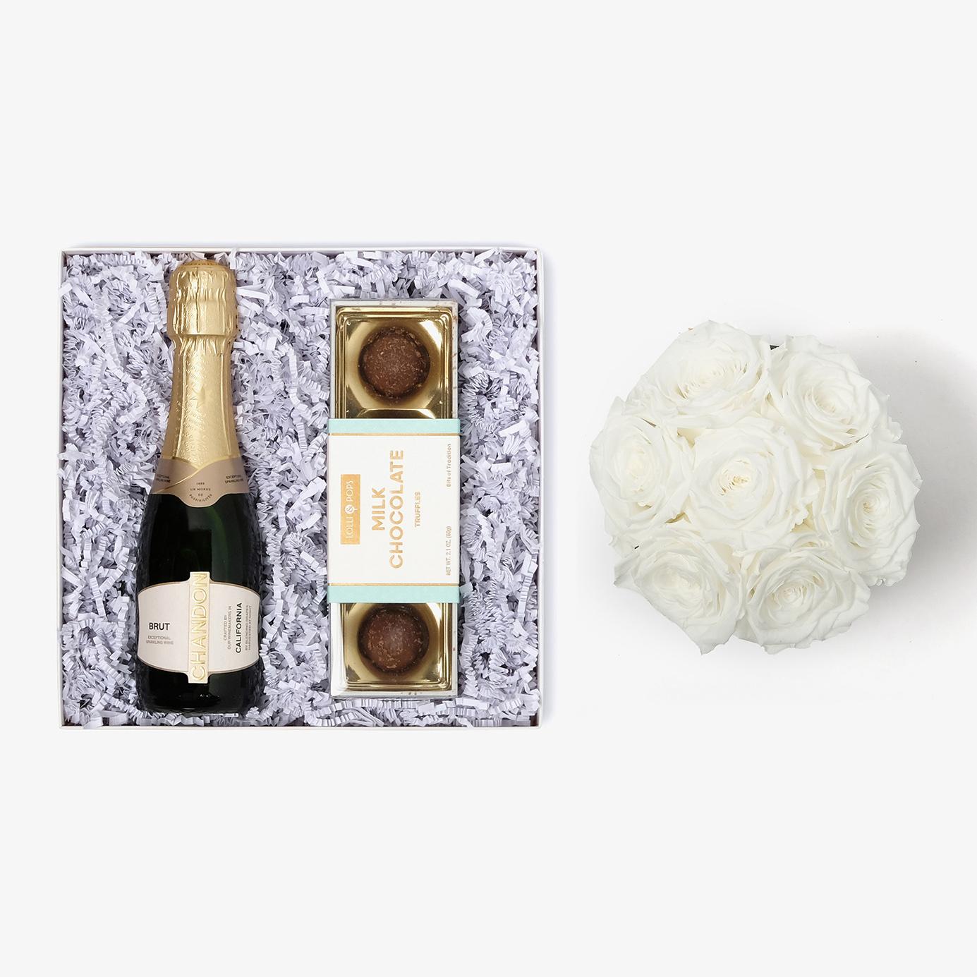 Champagne & Truffles - Medium Bloom Box - White Rose - Black Box