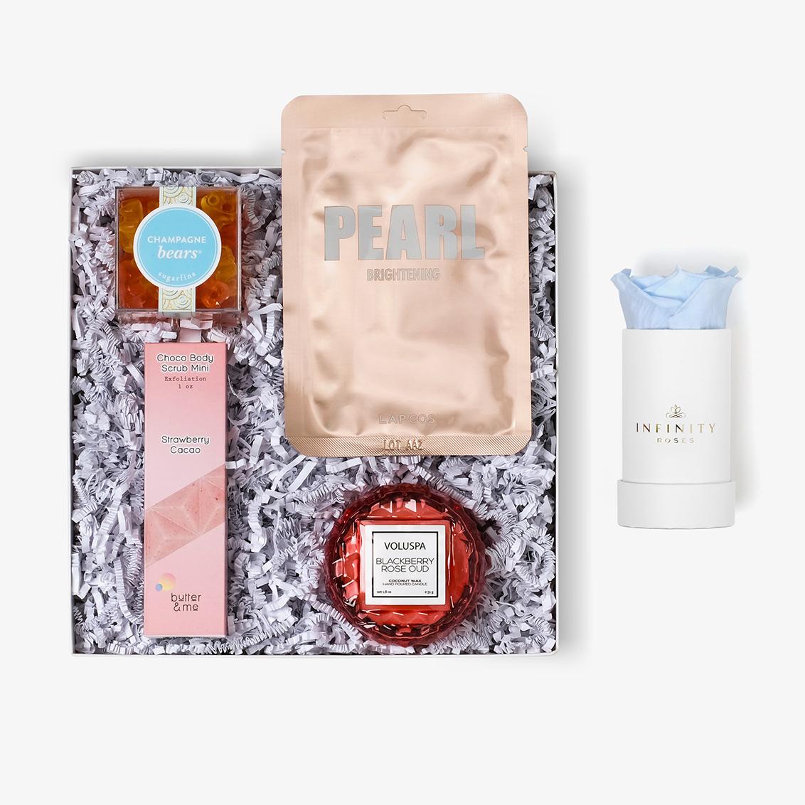 Pamper Bundle - Single Rose Box - Baby Blue Rose - White Box
