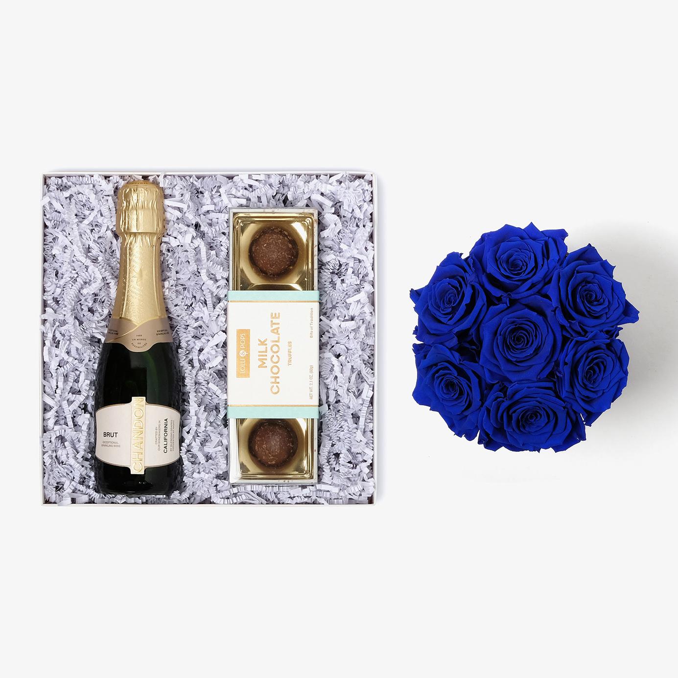 Champagne & Truffles - Medium Bloom Box - Royal Blue Rose - Black Box