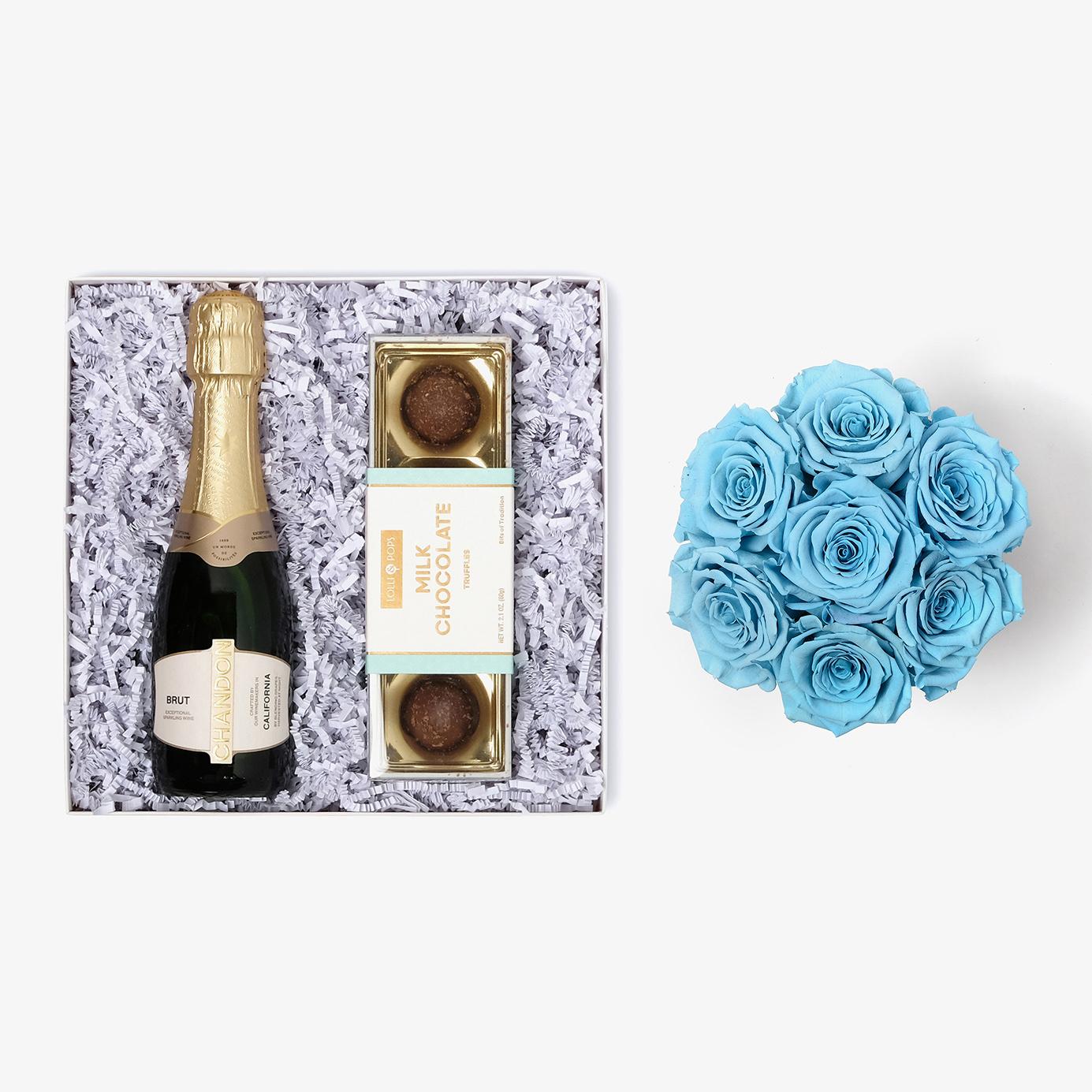 Champagne & Truffles - Medium Bloom Box - Baby Blue Rose - White Box