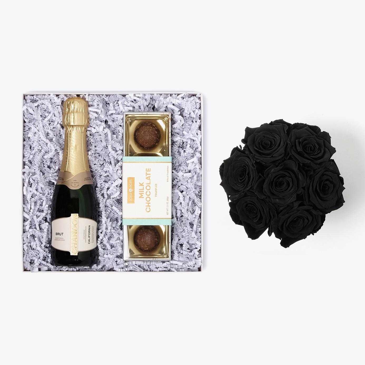 Champagne & Truffles - Medium Bloom Box - Black Rose - White Box