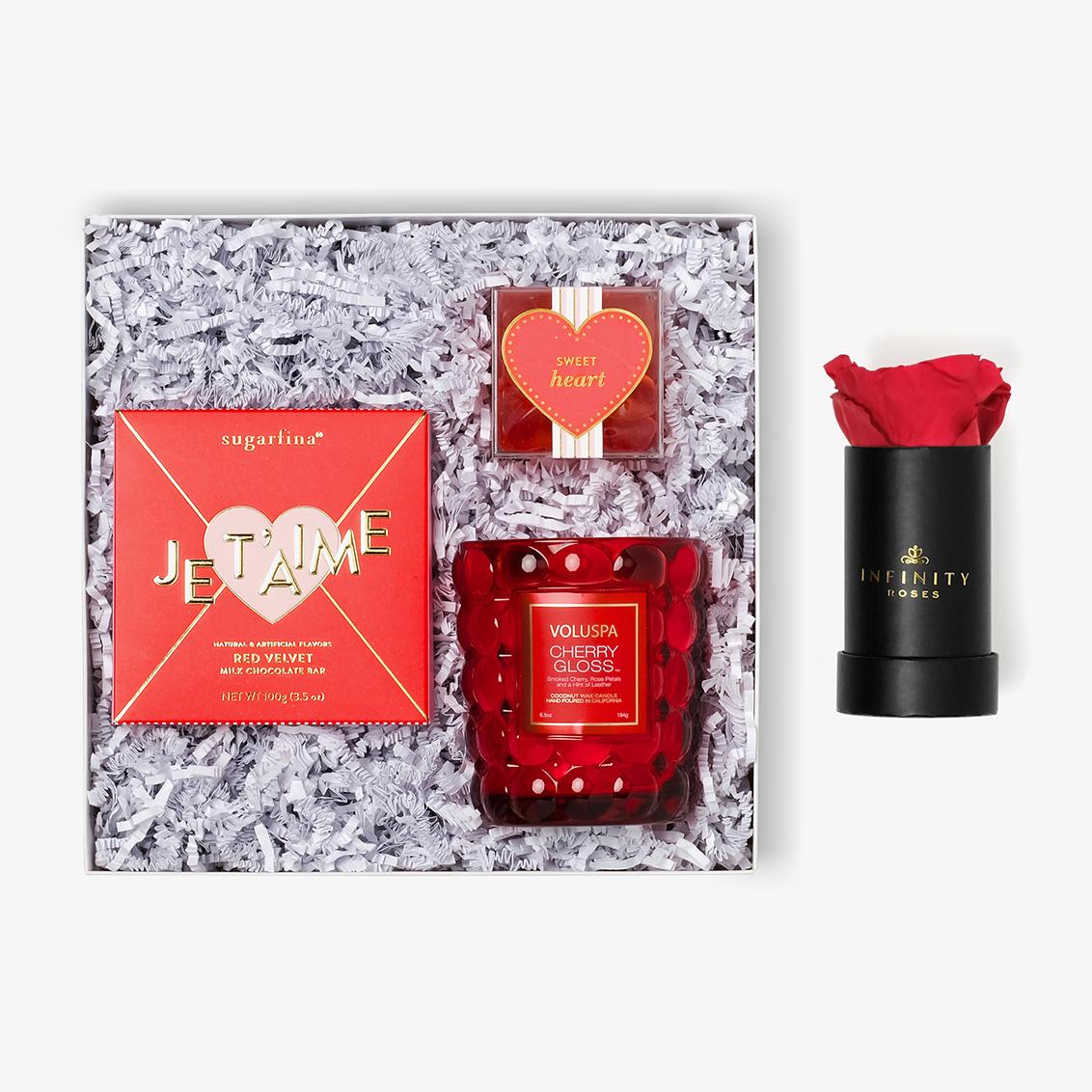 Candle & Treats - Single Rose Box - Red Rose - Black Box