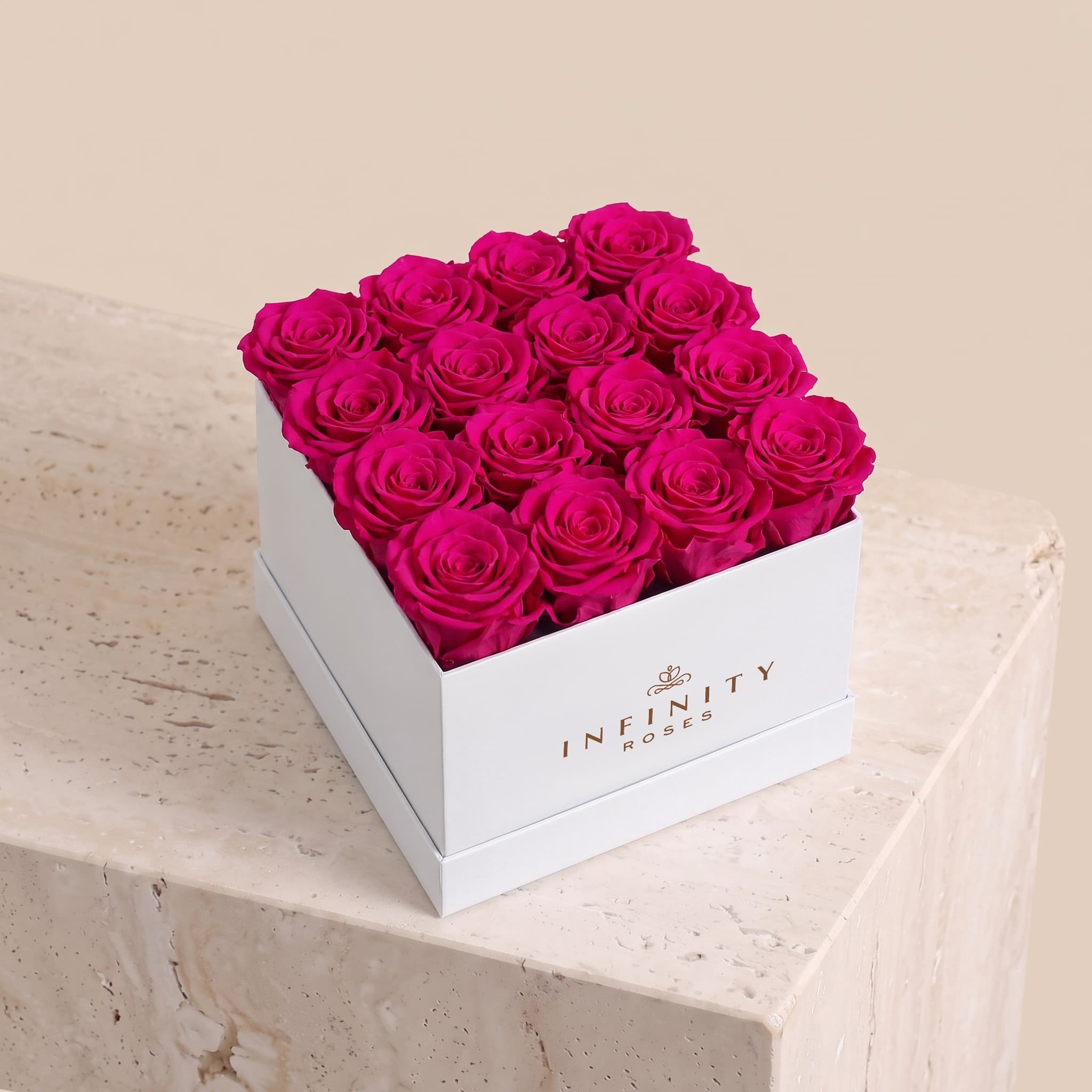Large Square Rose Box - Fuchsia Rose - White Box