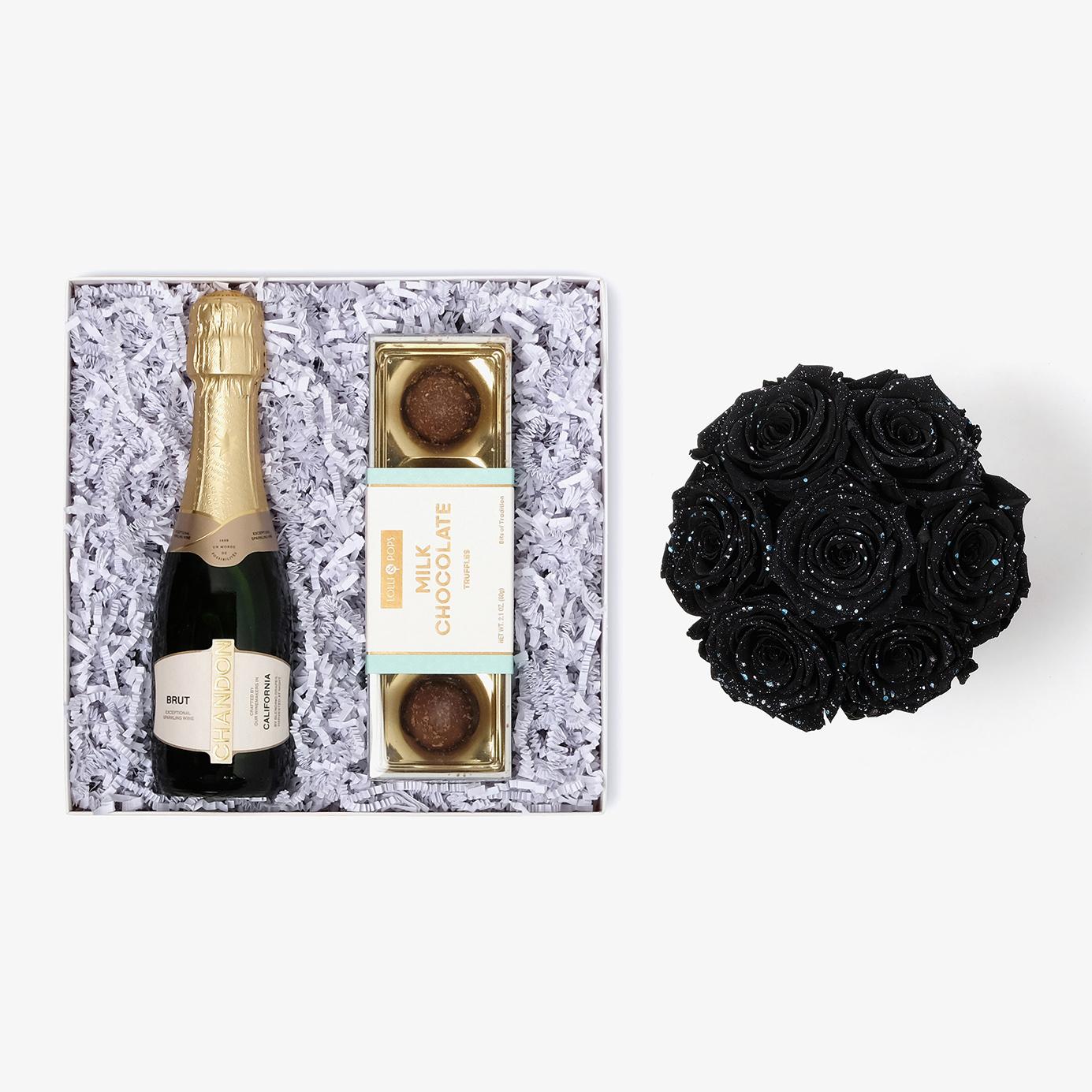 Champagne & Truffles - Medium Bloom Box - Black Galaxy Rose - Black Box
