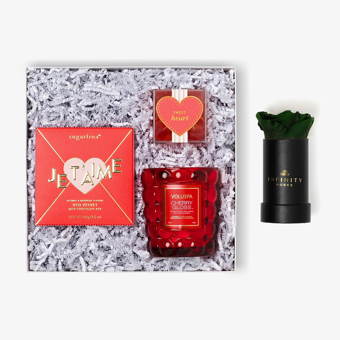 Candle & Treats - Single Rose Box - Emerald Green Rose - Black Box