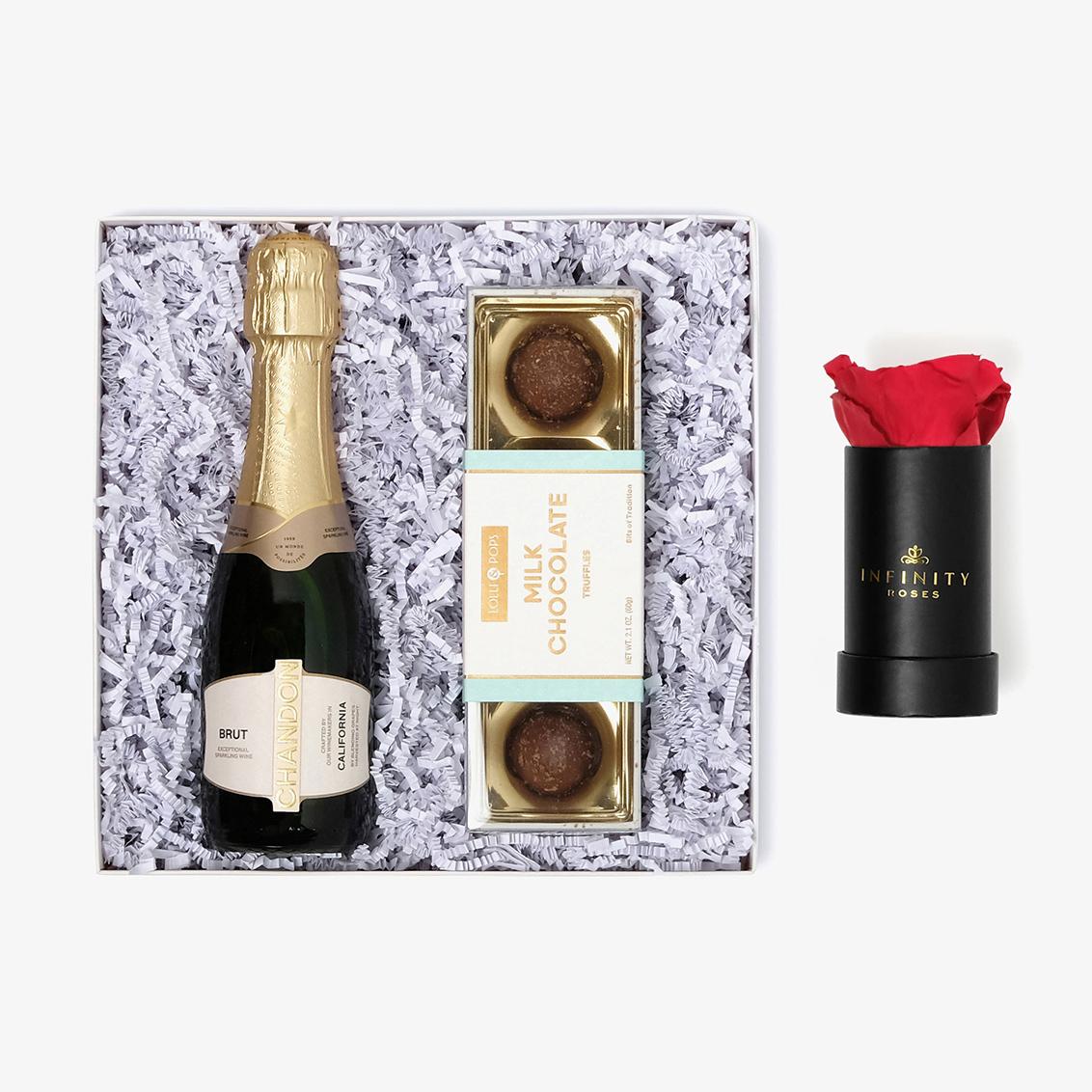 Champagne & Truffles - Single Rose Box - Red Rose - Black Box