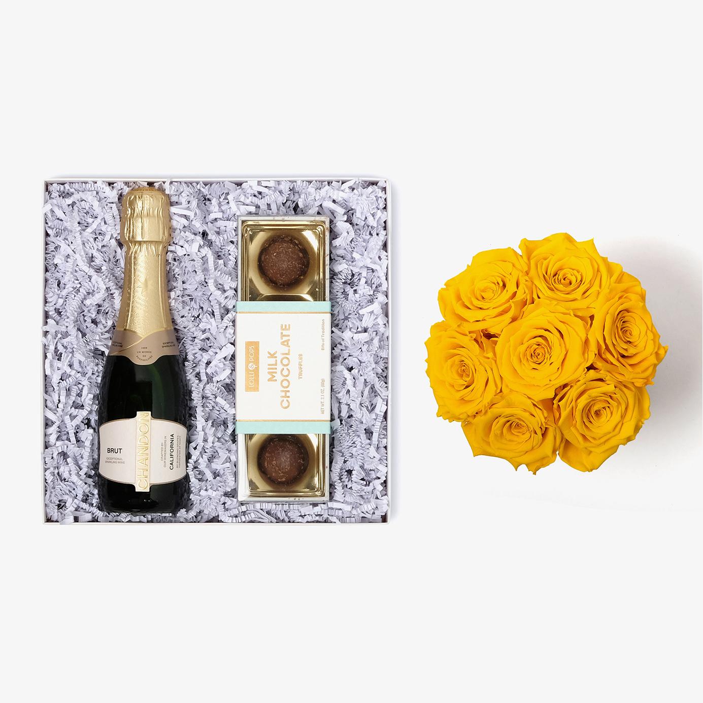 Champagne & Truffles - Medium Bloom Box - Yellow Rose - White Box