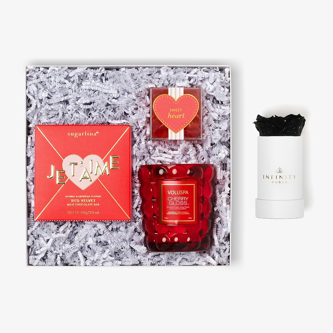 Candle & Treats - Single Rose Box - Black Galaxy Rose - White Box