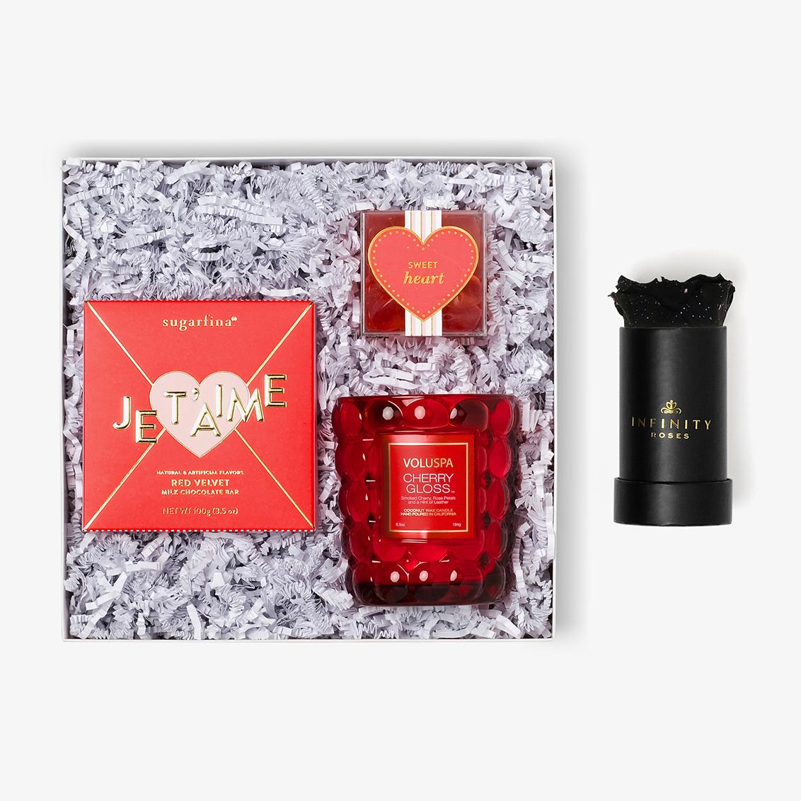 Candle & Treats - Single Rose Box - Black Galaxy Rose - Black Box