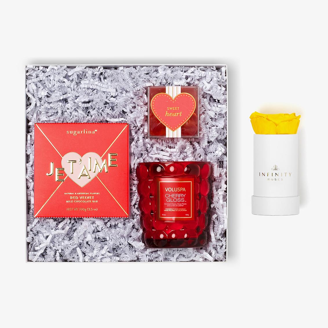 Candle & Treats - Single Rose Box - Yellow Rose - White Box