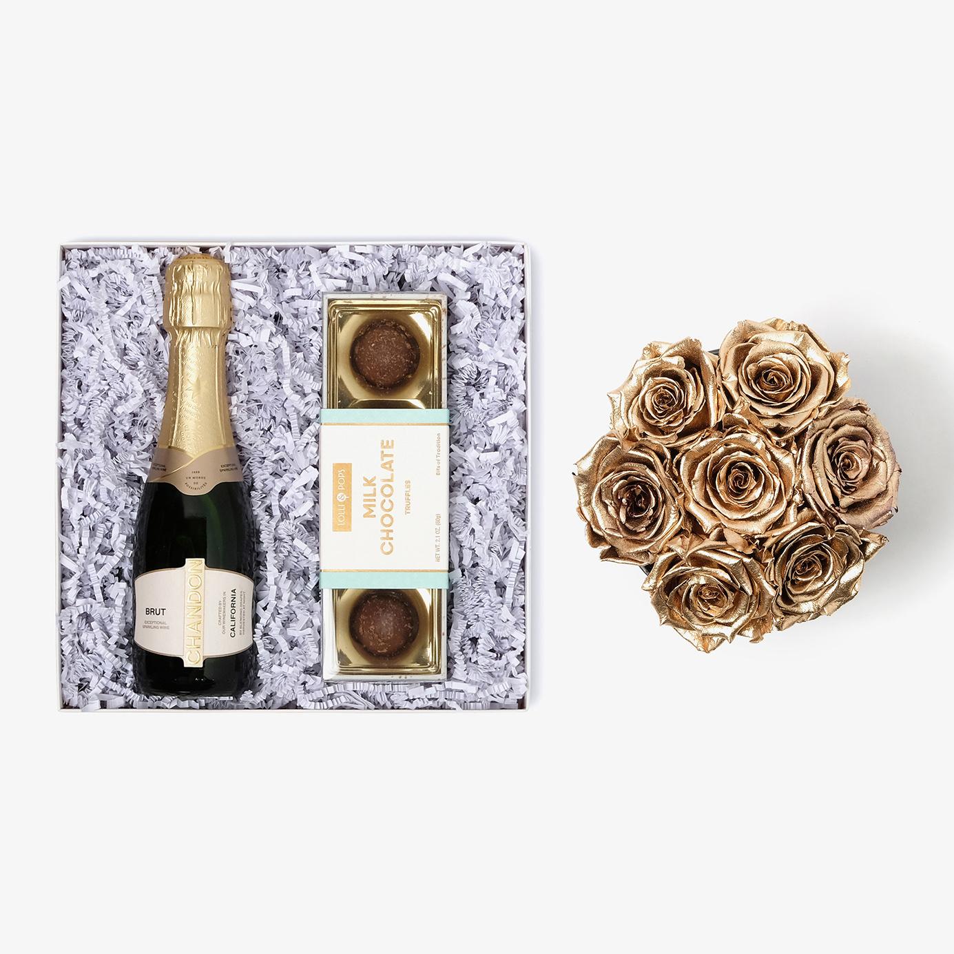 Champagne & Truffles - Medium Bloom Box - Gold Rose - Black Box