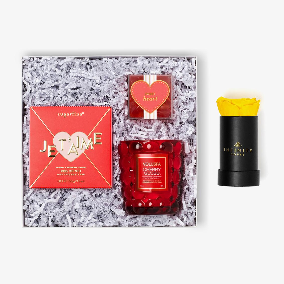 Candle & Treats - Single Rose Box - Yellow Rose - Black Box