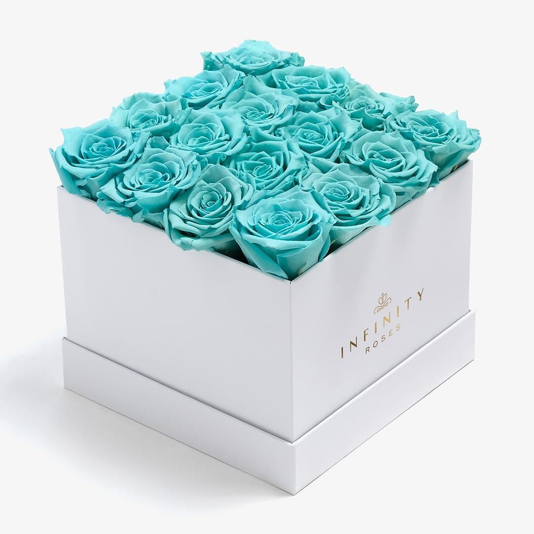 Large Square Rose Box - Turquoise Rose - White Box