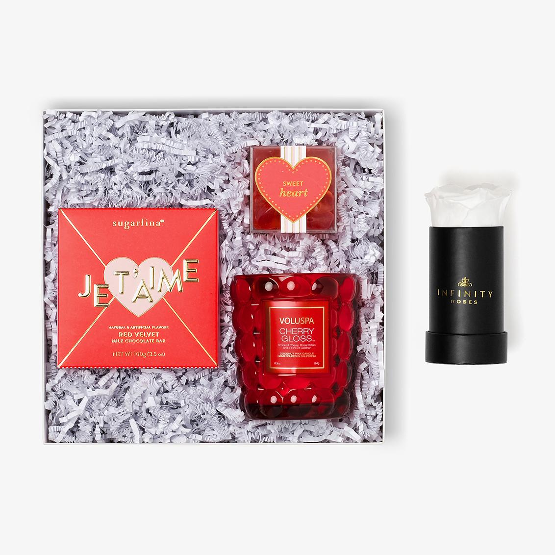 Candle & Treats - Single Rose Box - White Rose - Black Box