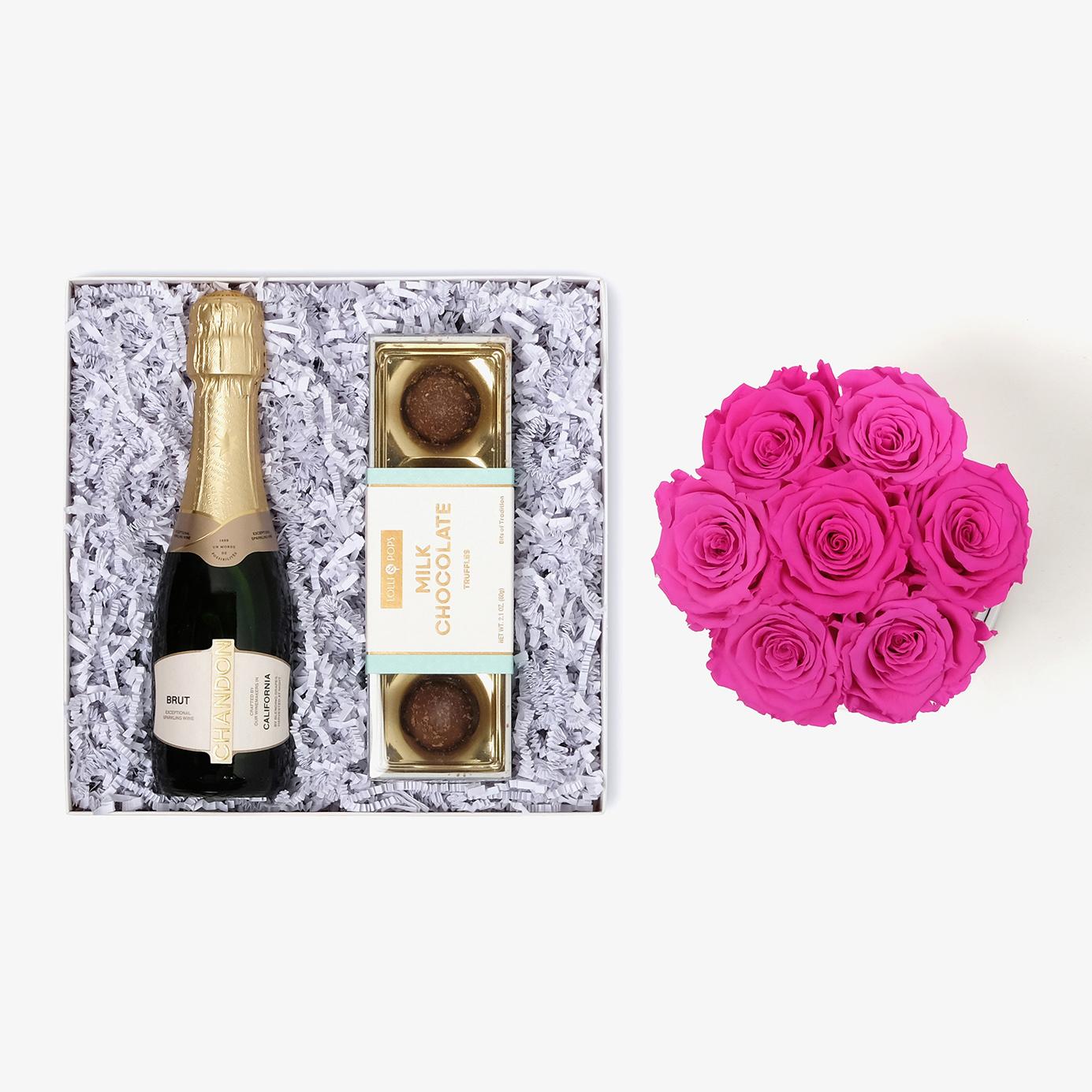 Champagne & Truffles - Medium Bloom Box - Hot Pink Rose - White Box