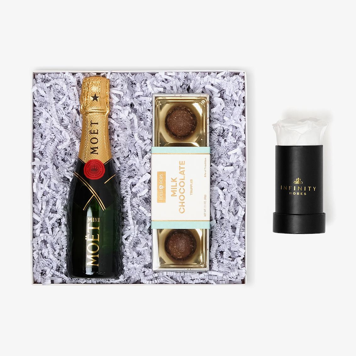 Champagne & Truffles - Single Rose Box - White Rose - Black Box