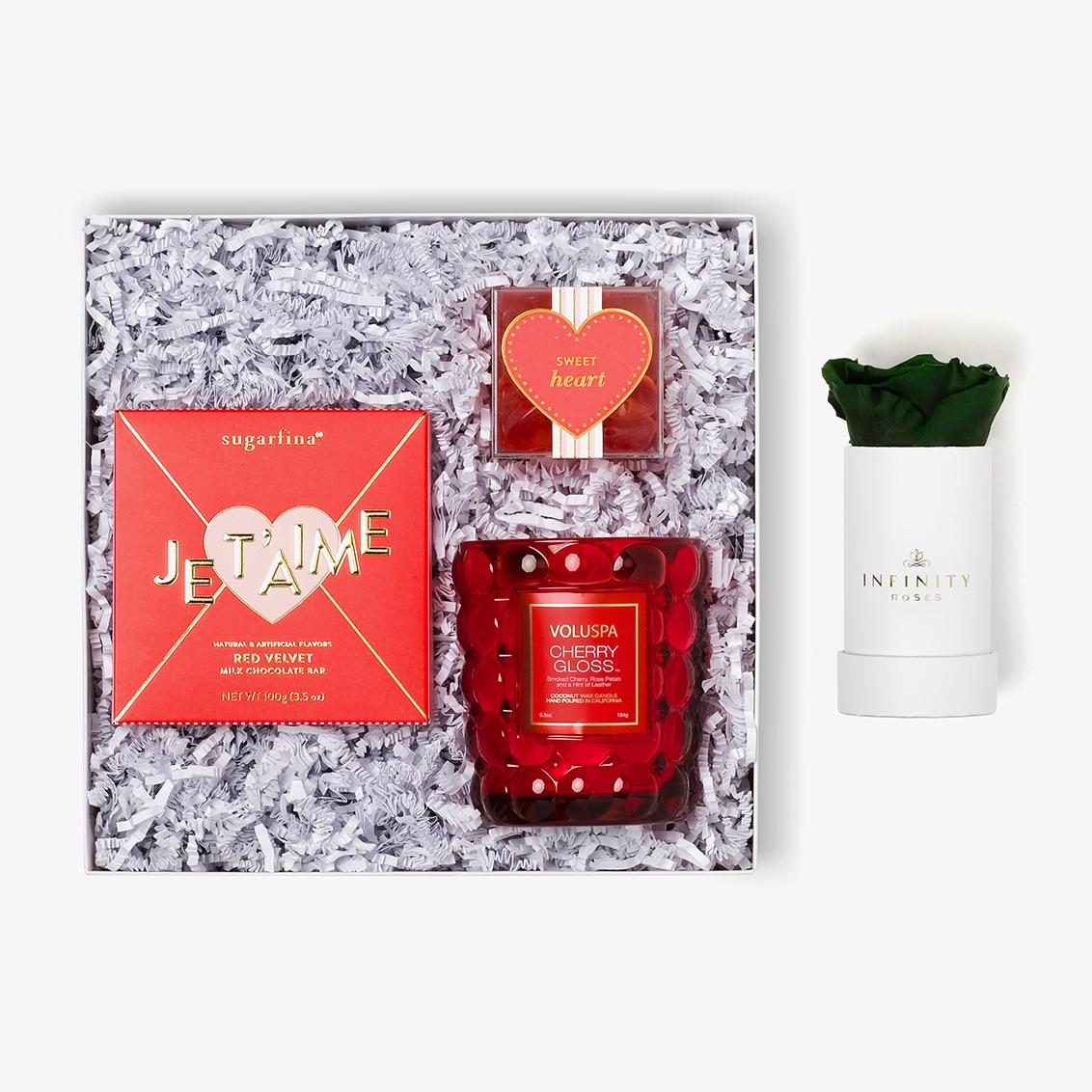 Candle & Treats - Single Rose Box - Emerald Green Rose - White Box