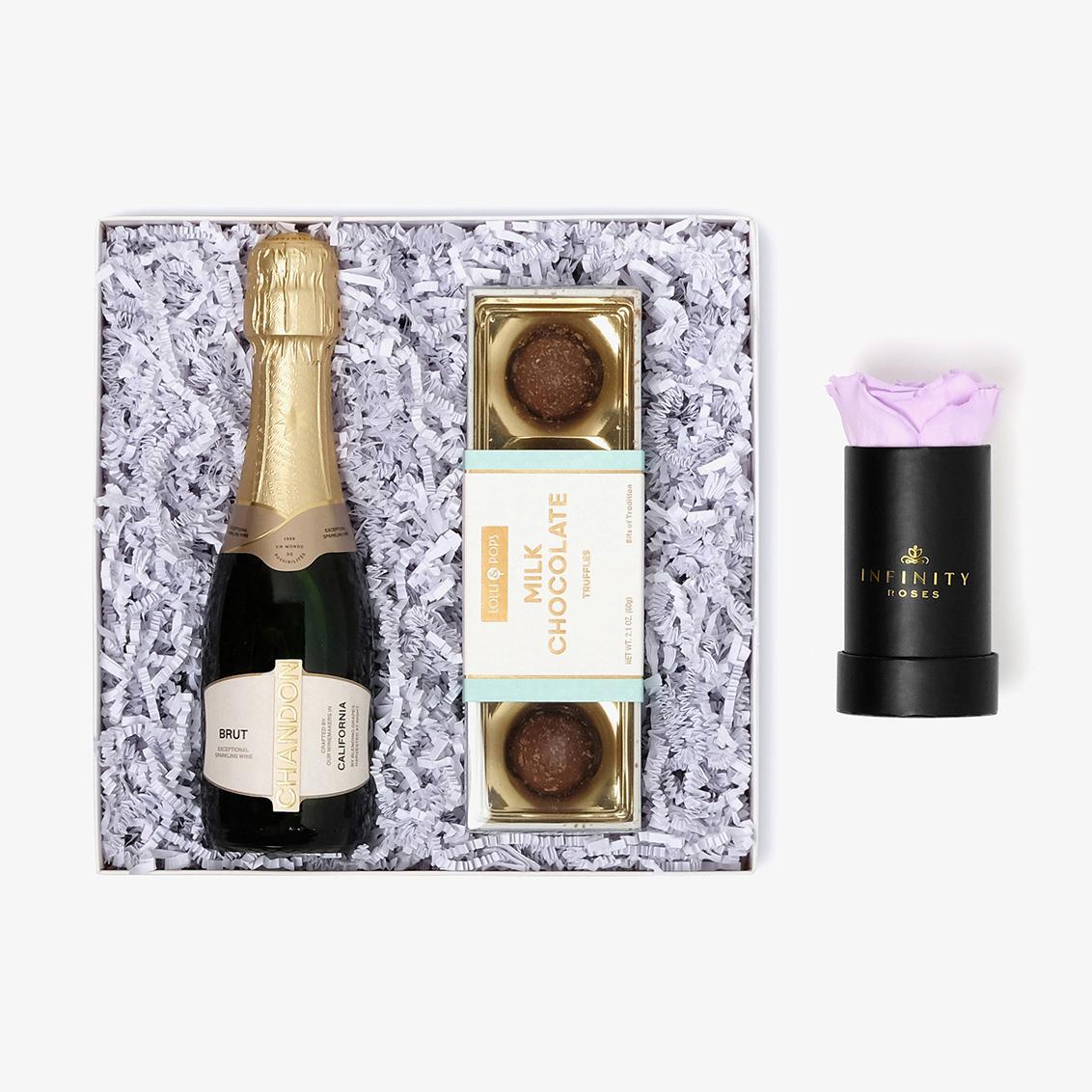 Champagne & Truffles - Single Rose Box - Pink Rose - Black Box